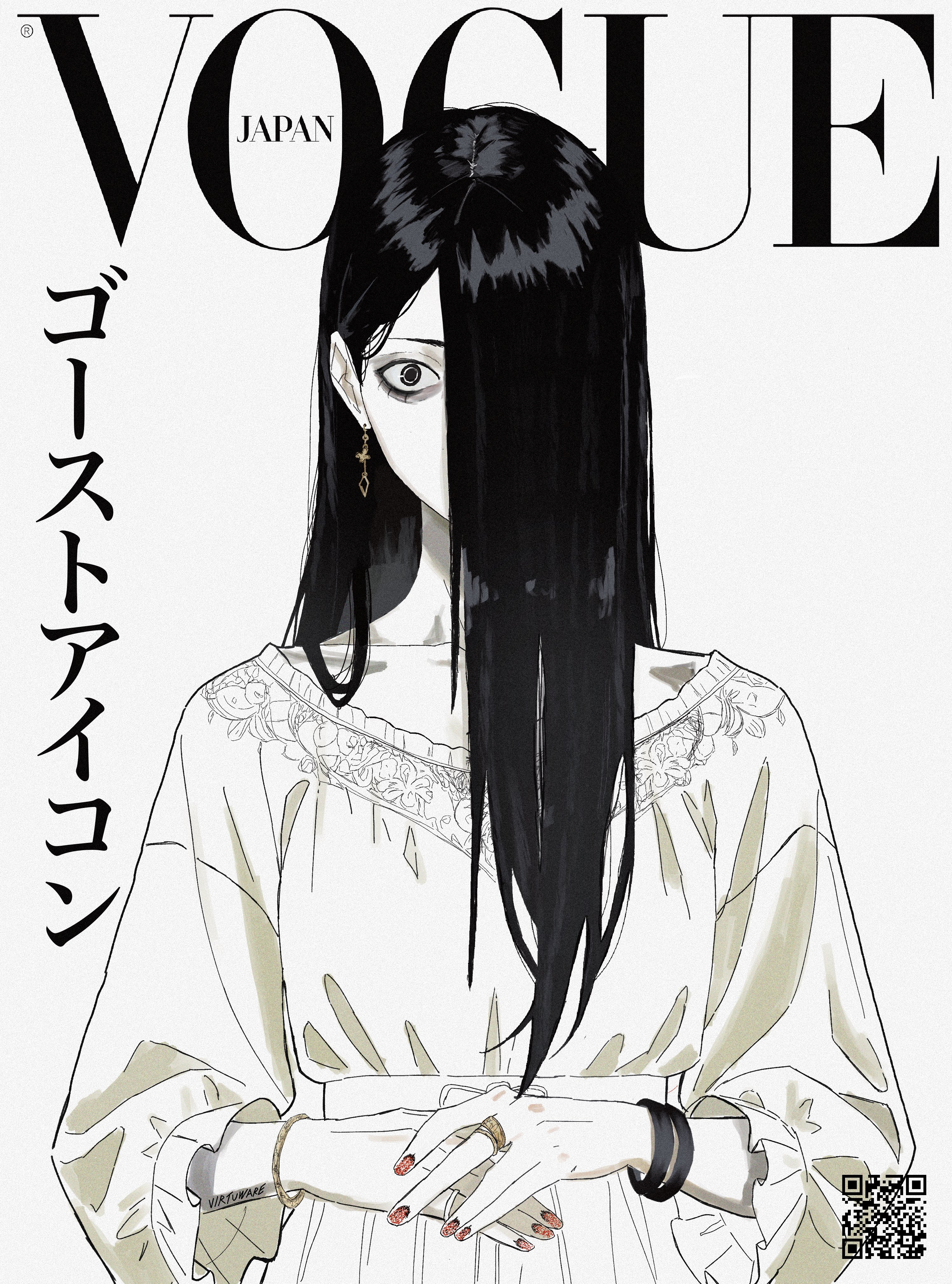 virtuware, yamamura sadako, the ring, absurdres, highres, 1girl, bracelet, colored skin, cover, dress, earrings, fake magazine cover, fashion, hair over face, hair over one eye, jewelry, long hair, magazine cover, multiple bracelets, own hands together, ring, solo, upper body, vogue (magazine), white dress, white skin