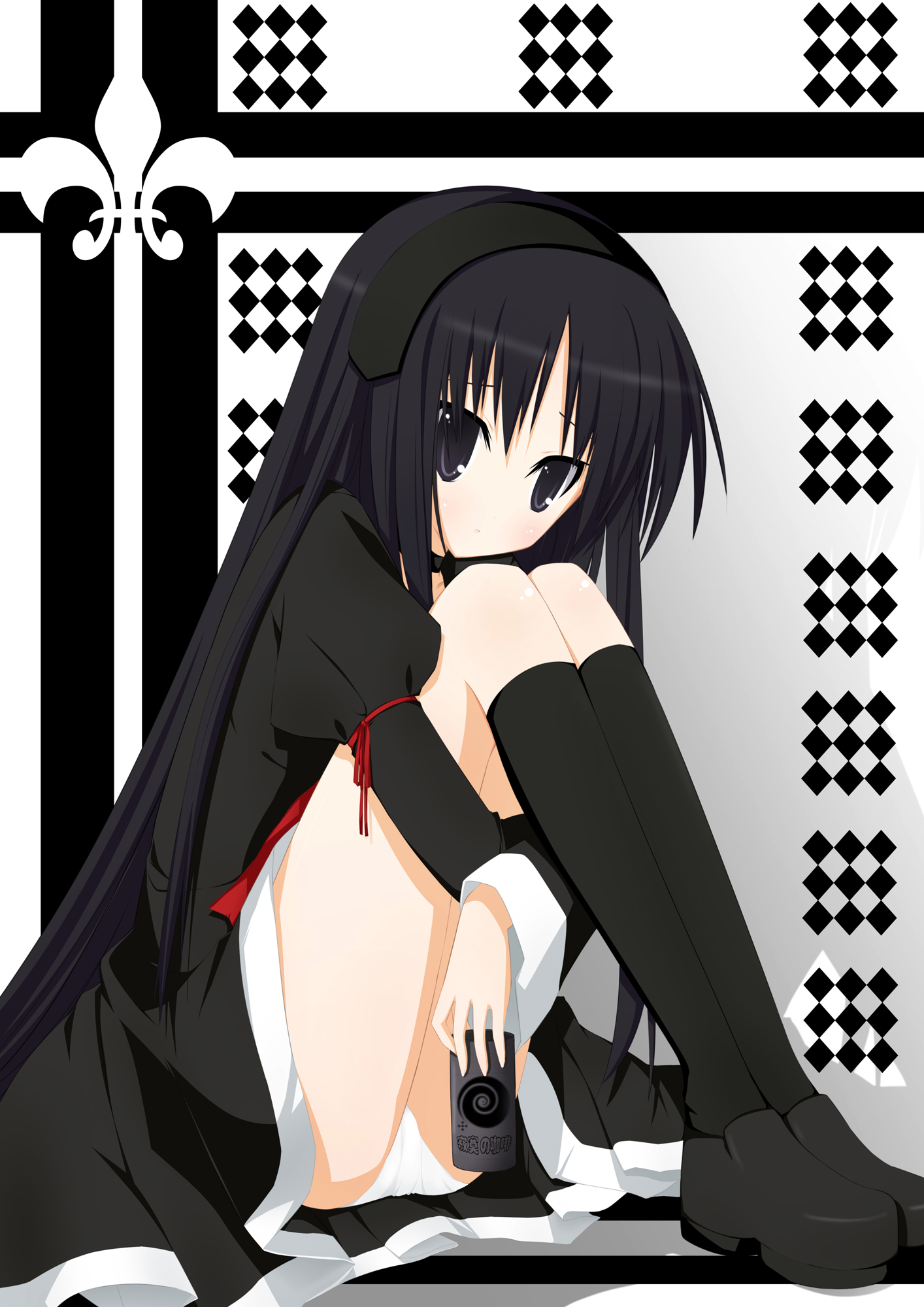 airast, akiyama mio, k-on!, bad id, bad pixiv id, highres, 00s, 1girl, black eyes, black hair, black socks, drink, female focus, hairband, kneehighs, long hair, panties, sitting, socks, solo, underwear