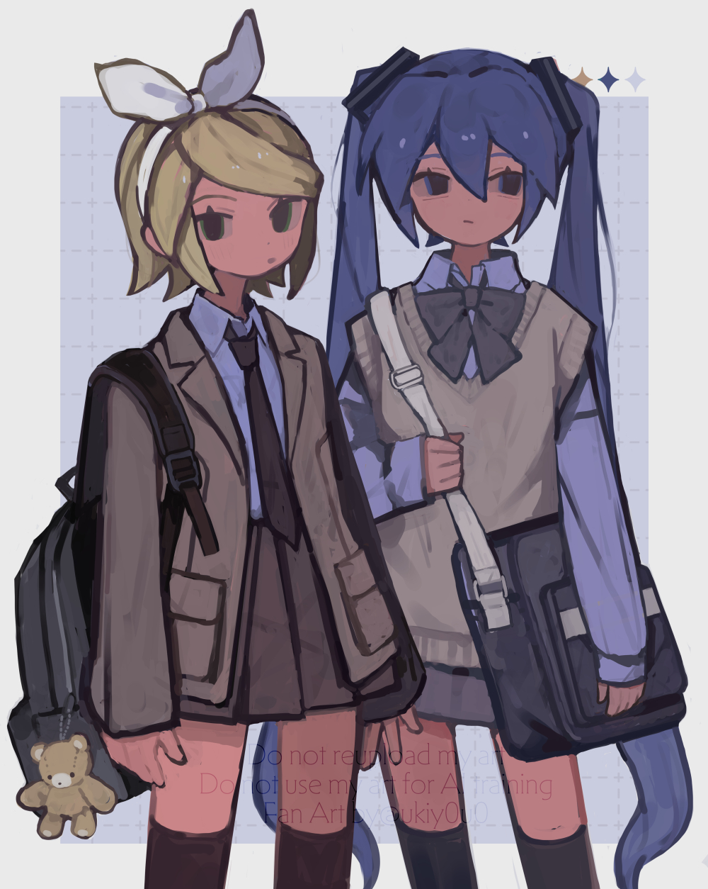 s1ho (ukiy0u0), hatsune miku, kagamine rin, vocaloid, highres, 2girls, alternate costume, backpack, bag, bag charm, black necktie, black thighhighs, blonde hair, blue hair, bow, bowtie, brown jacket, brown sweater vest, charm (object), collared shirt, cowboy shot, grey bow, grey bowtie, hairband, jacket, long hair, long sleeves, looking at viewer, miniskirt, multiple girls, necktie, open clothes, open jacket, pleated skirt, school bag, school uniform, shirt, short hair, shoulder bag, skirt, standing, stuffed animal, stuffed toy, sweater vest, teddy bear, thighhighs, twintails, very long hair, watermark, white hairband