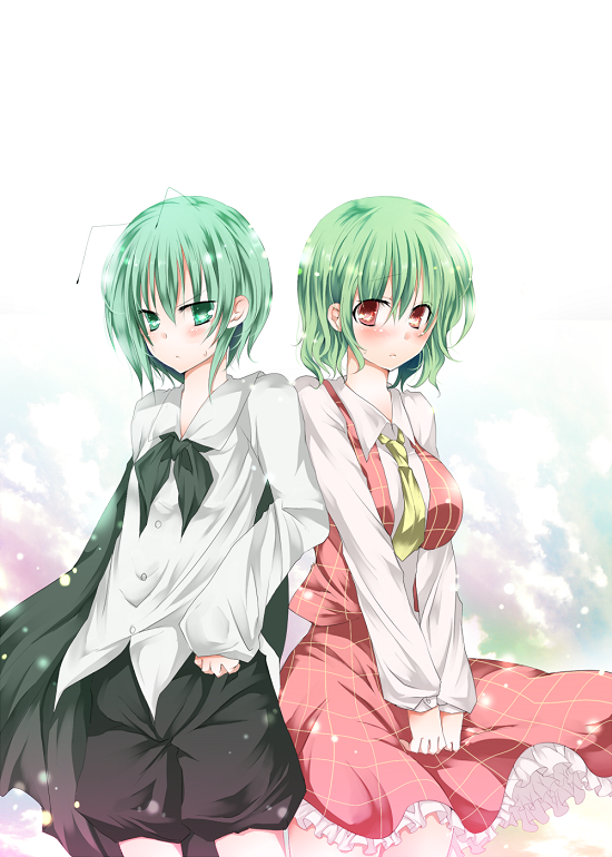 tayashigu (suisyounohosizora), kazami yuuka, wriggle nightbug, touhou, bad id, bad pixiv id, 2girls, antennae, ascot, between breasts, blush, breasts, cape, clothes between breasts, dress, female focus, frills, green eyes, green hair, large breasts, multiple girls, necktie, personality switch, plaid clothes, plaid skirt, plaid vest, red eyes, short hair, shorts, skirt, skirt set, standing, tareme, tsurime, v arms, vest, yellow necktie