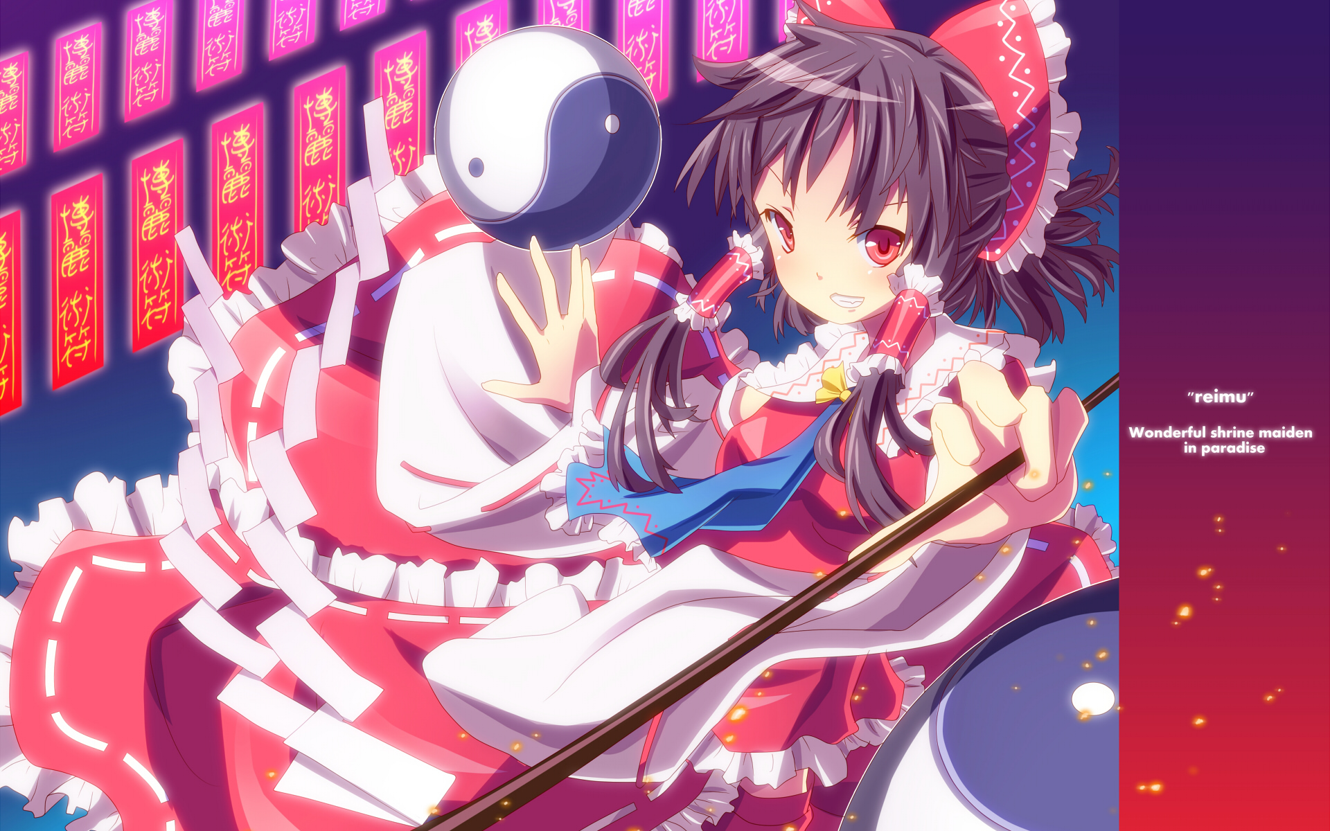 mikan (bananoha), hakurei reimu, touhou, highres, 1girl, ascot, blue ascot, female focus, gohei, ofuda, solo