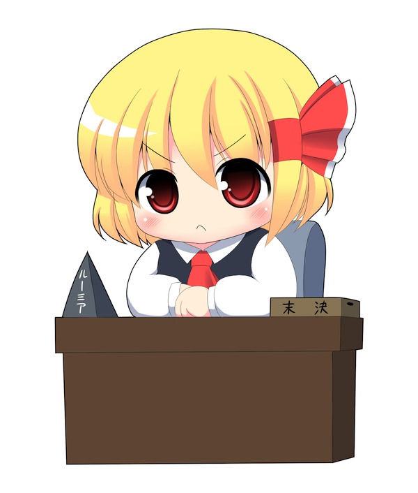 kyokutou hentai samurai, rumia, embodiment of scarlet devil, touhou, bad id, bad pixiv id, 1girl, blonde hair, chibi, desk, female focus, necktie, red eyes, ribbon, short hair, simple background, solo, white background