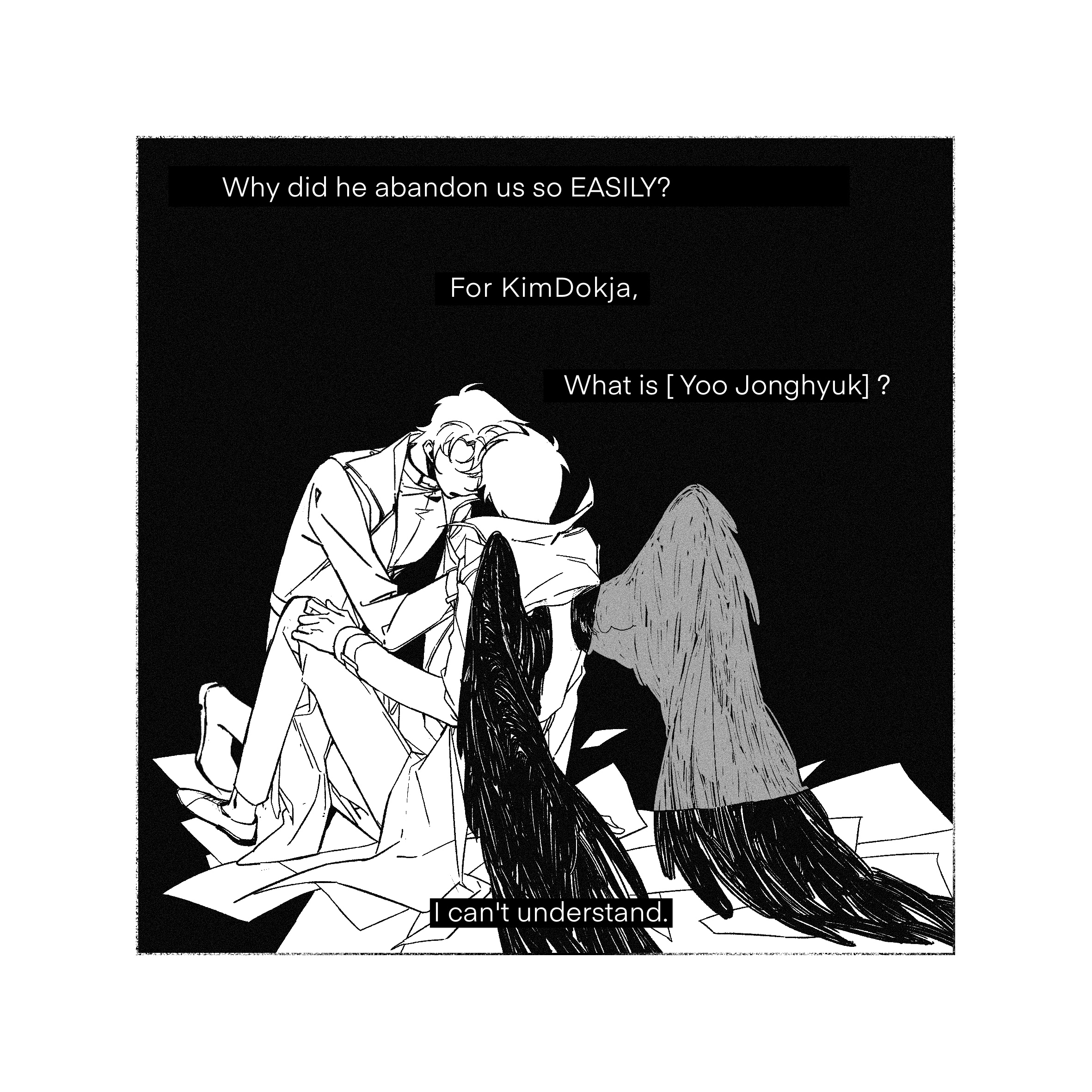 kim dokja, yoo joonghyuk, omniscient reader's viewpoint, highres, 2boys, black wings, character name, coat, english text, faceless, feathered wings, full body, grabbing another's shoulder, greyscale, hand on own knee, male focus, monochrome, multiple boys, open clothes, open coat, paper, sitting, twle, white coat, wings