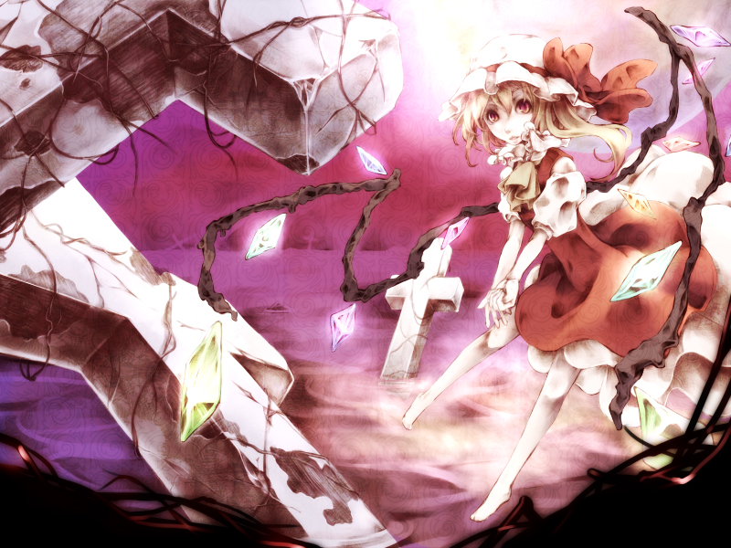 tokikane mikan, virginia complex, flandre scarlet, touhou, colorized, 1girl, barefoot, blouse, cross, female focus, hair between eyes, hat, mob cap, shirt, solo, white hat, white shirt