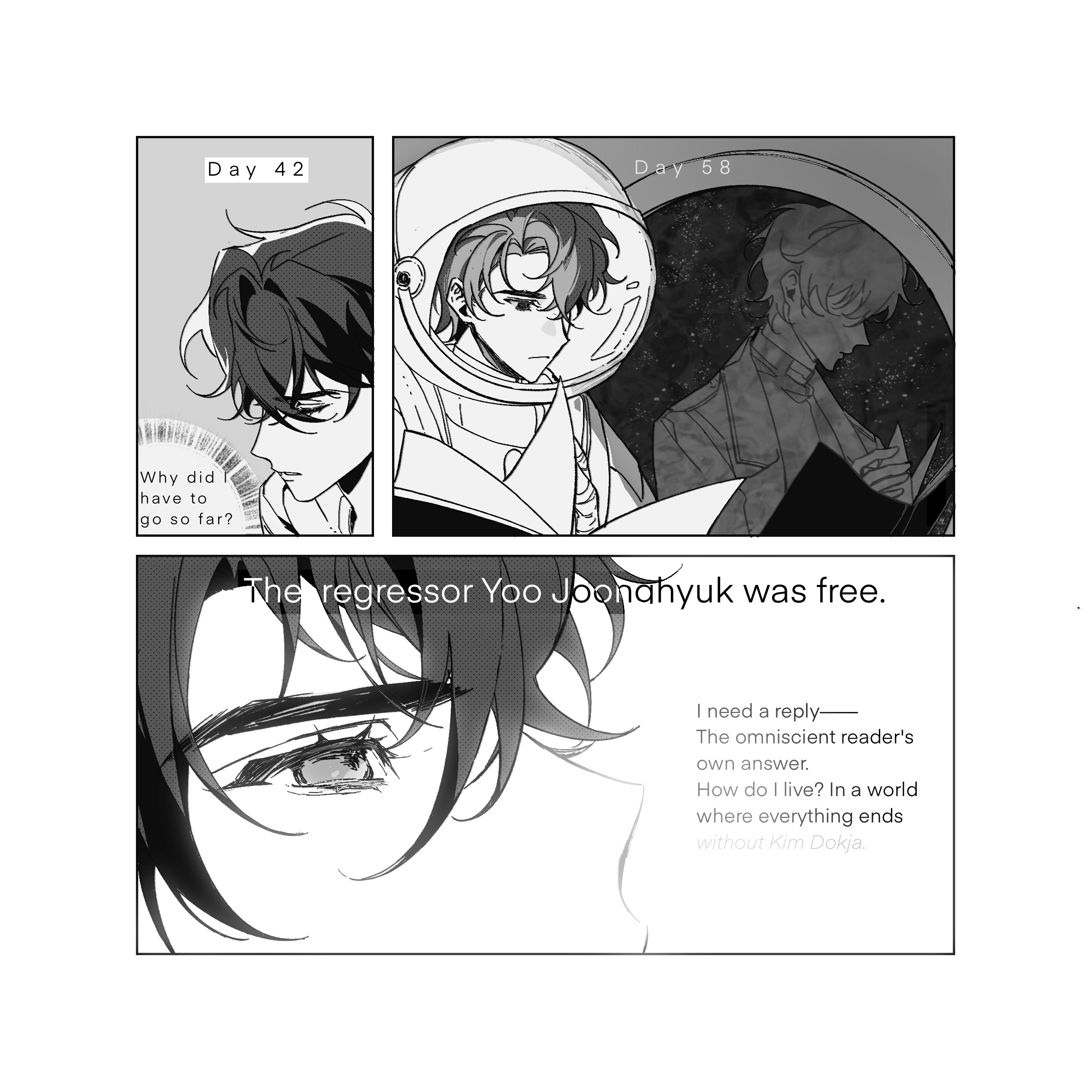 kim dokja, yoo joonghyuk, omniscient reader's viewpoint, highres, 2boys, astronaut, black hair, book, coat, different reflection, english text, greyscale, head tilt, helmet, holding, holding book, monochrome, multiple boys, open book, reflection, short hair, space helmet, spacesuit, twle