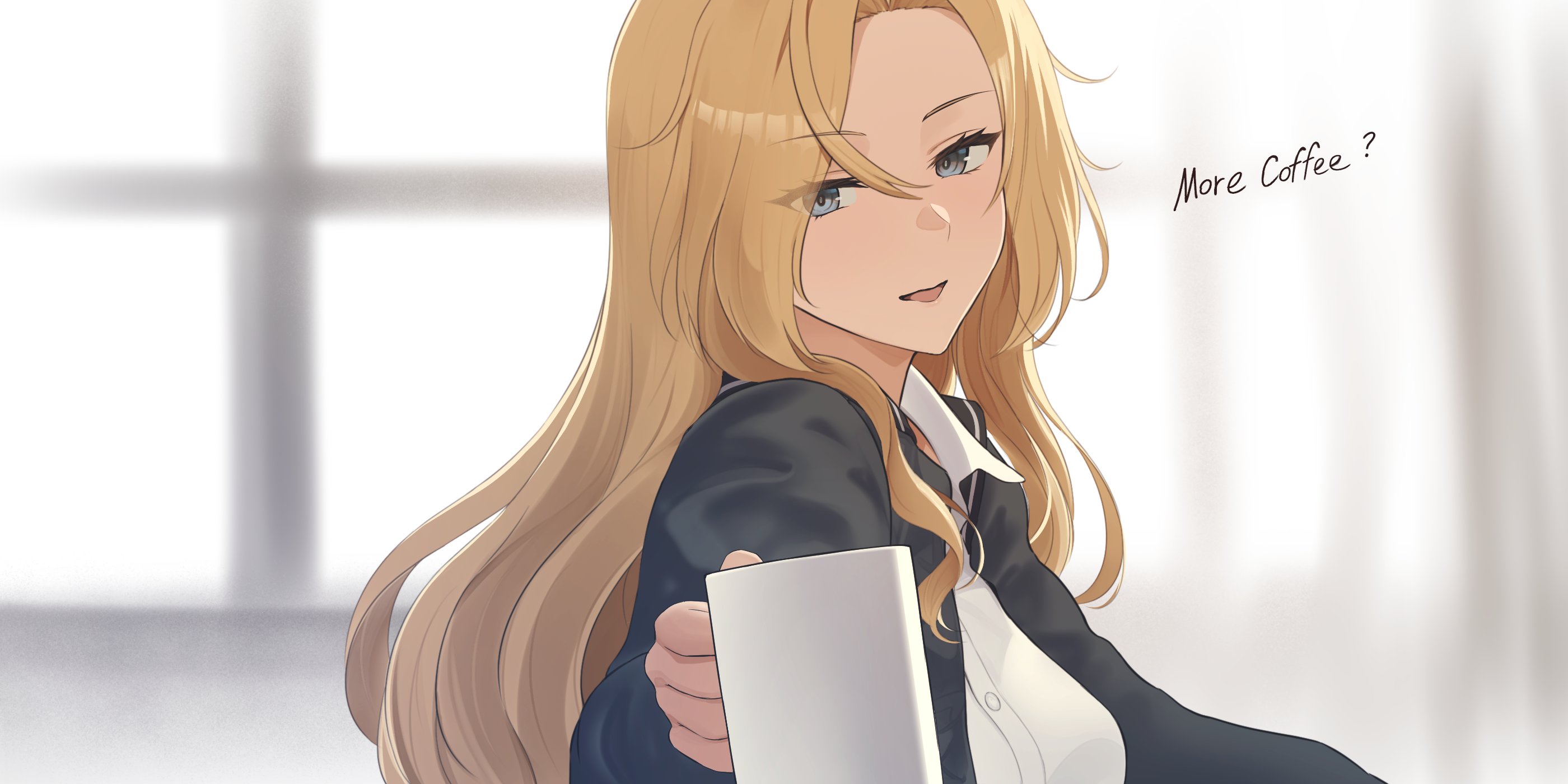 odachu, hornet (kancolle), kantai collection, commentary, english commentary, highres, 1girl, blonde hair, blue eyes, blue jacket, bomber jacket, collared shirt, cup, english text, grey eyes, holding, holding cup, indoors, jacket, long hair, looking at viewer, necktie, open mouth, shirt, upper body, white shirt