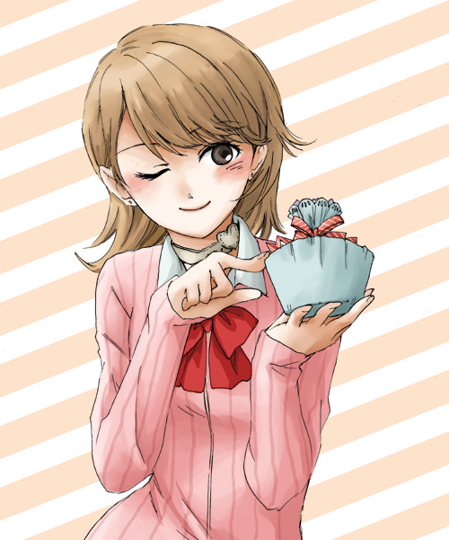 m.yasuko, mysk918, takeba yukari, atlus, persona, persona 3, striped, bad id, bad pixiv id, 1girl, blush, bow, bowtie, brown hair, cardigan, choker, female focus, gift, holding, holding gift, one eye closed, red bow, red bowtie, ribbon, short hair, smile, solo, wink