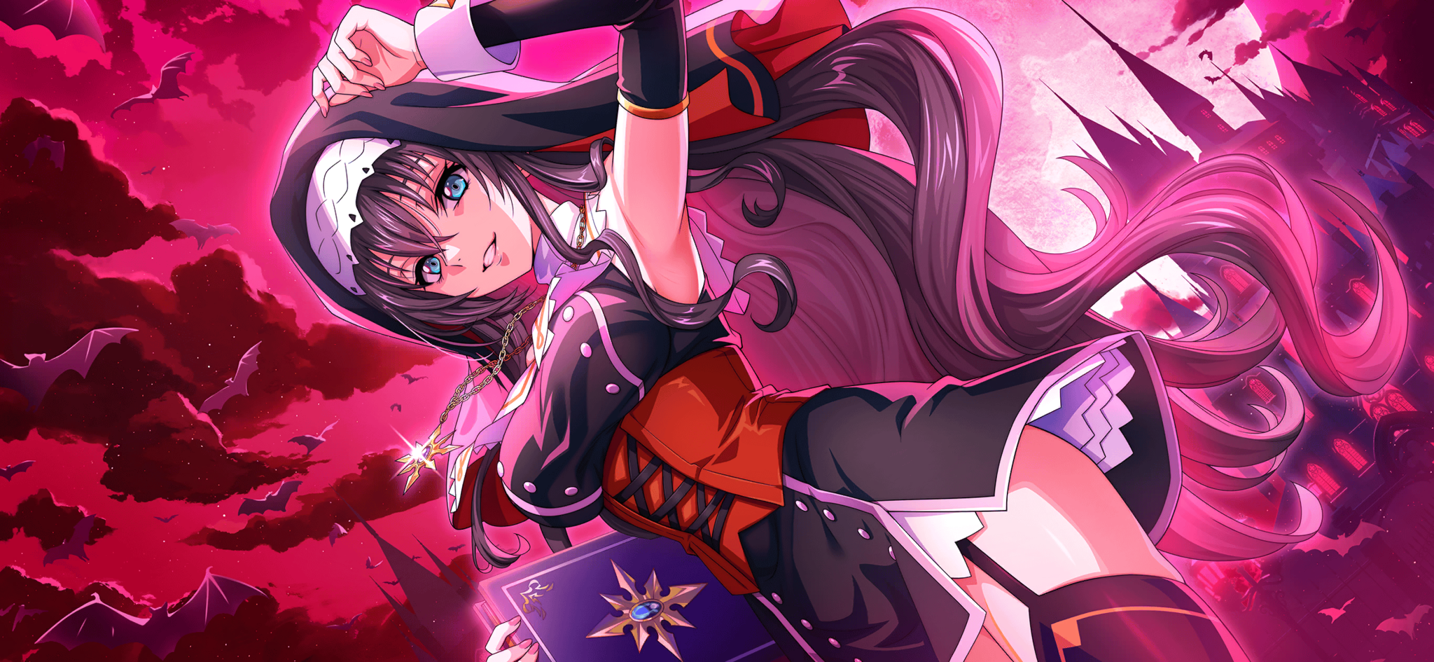 f4samurai, maya disel, code geass, code geass: lost stories, highres, official art, 1girl, black hair, black veil, blue eyes, book, breasts, full moon, holding, holding book, long hair, moon, nun, solo, veil