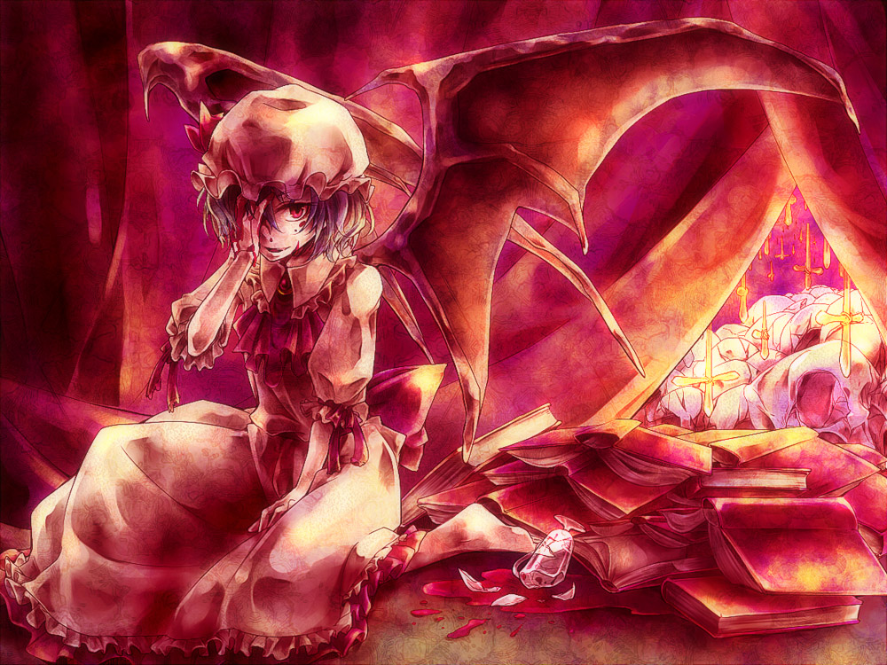 ba, tokikane mikan, virginia complex, remilia scarlet, touhou, bad id, bad pixiv id, colorized, 1girl, barefoot, bat wings, blood, book, cross, cup, drinking glass, female focus, glass, hat, purple hair, red eyes, short hair, sitting, solo, wine glass, wings