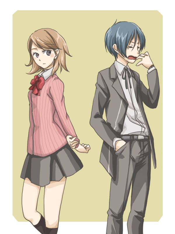 m.yasuko, mysk918, takeba yukari, yuuki makoto (persona 3), atlus, persona, persona 3, black socks, blazer, blouse, blue hair, brown hair, cardigan, collared shirt, covering own mouth, green background, hand in pocket, hand over own mouth, jacket, kneehighs, ribbon, school uniform, shirt, short hair, skirt, socks, swept bangs, white shirt, yawning