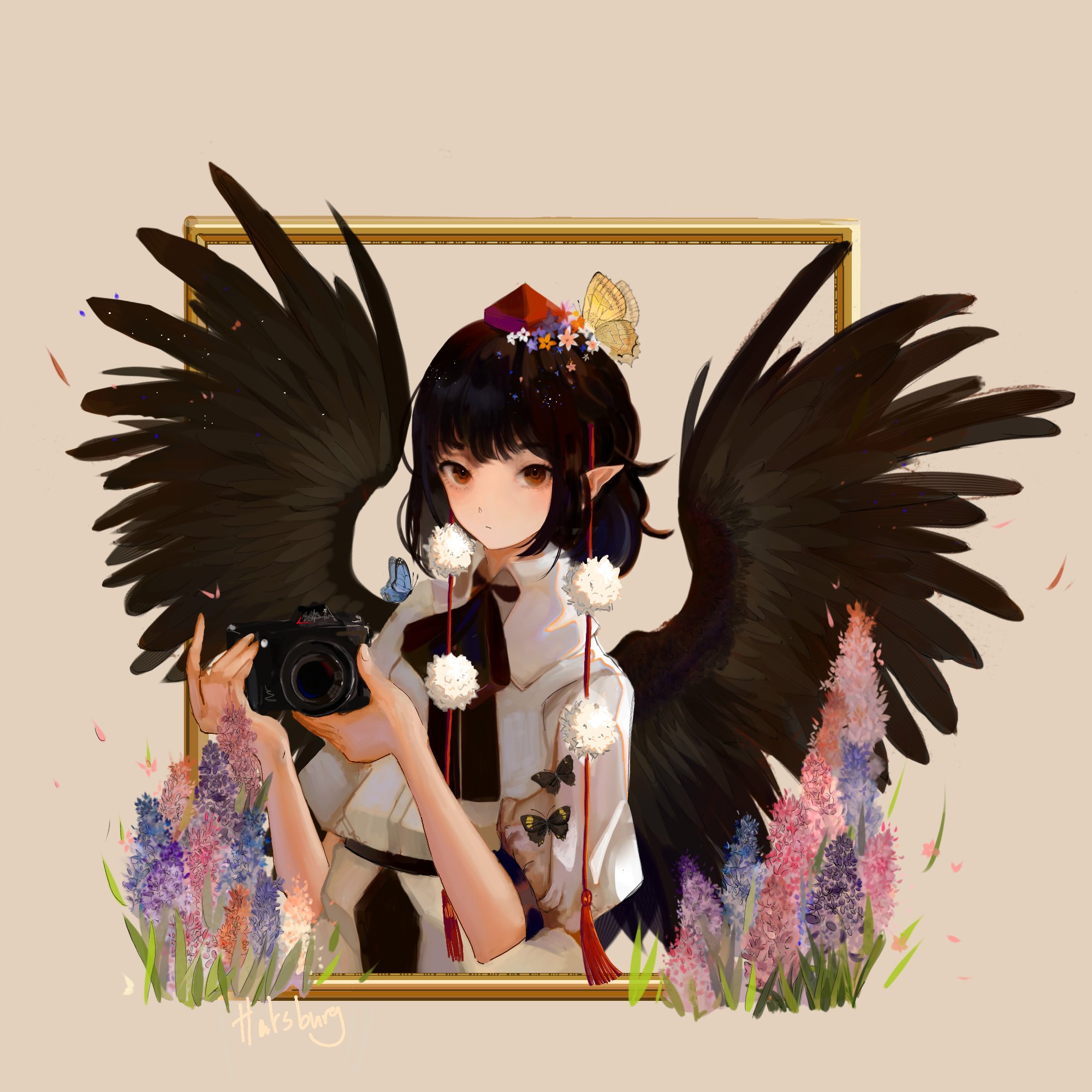 hatsburg, shameimaru aya, touhou, commentary, english commentary, highres, 1girl, :o, bare arms, belt, bird wings, black belt, black bow, black bowtie, black hair, black wings, blue butterfly, bow, bowtie, bug, butterfly, butterfly on head, butterfly on shoulder, camera, chest belt, collared shirt, cropped torso, expressionless, eyelashes, feathered wings, fingernails, flower, grey background, hat, head wreath, holding, holding camera, insect, lavender (flower), looking at viewer, medium hair, parted lips, petals, picture frame, pink flower, pointy ears, pom pom (clothes), puffy short sleeves, puffy sleeves, purple flower, red eyes, red hat, shirt, short sleeves, signature, simple background, sleeve bow, solo, spread wings, tokin hat, white shirt, wings, yellow butterfly