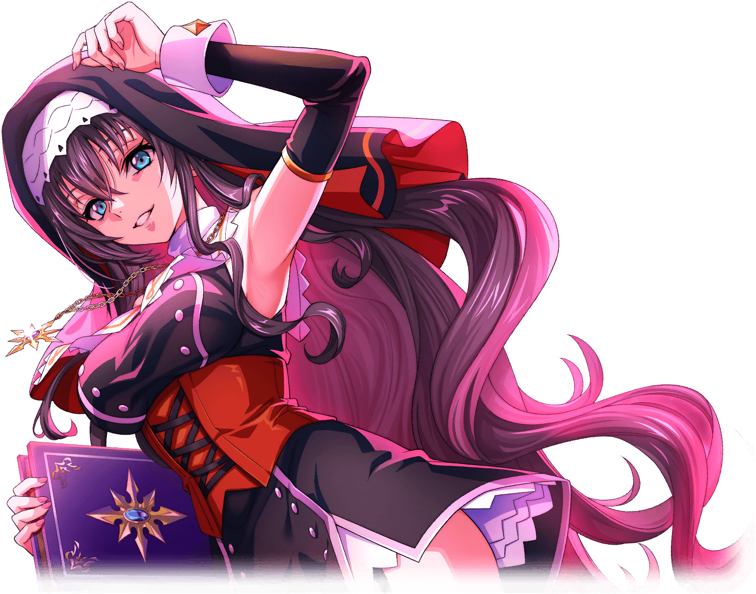 f4samurai, maya disel, code geass, code geass: lost stories, official art, 1girl, arm up, bare shoulders, black dress, black hair, black veil, blue eyes, blush, book, breasts, dress, elbow gloves, full moon, gloves, holding, holding book, long hair, moon, nun, smile, solo, veil