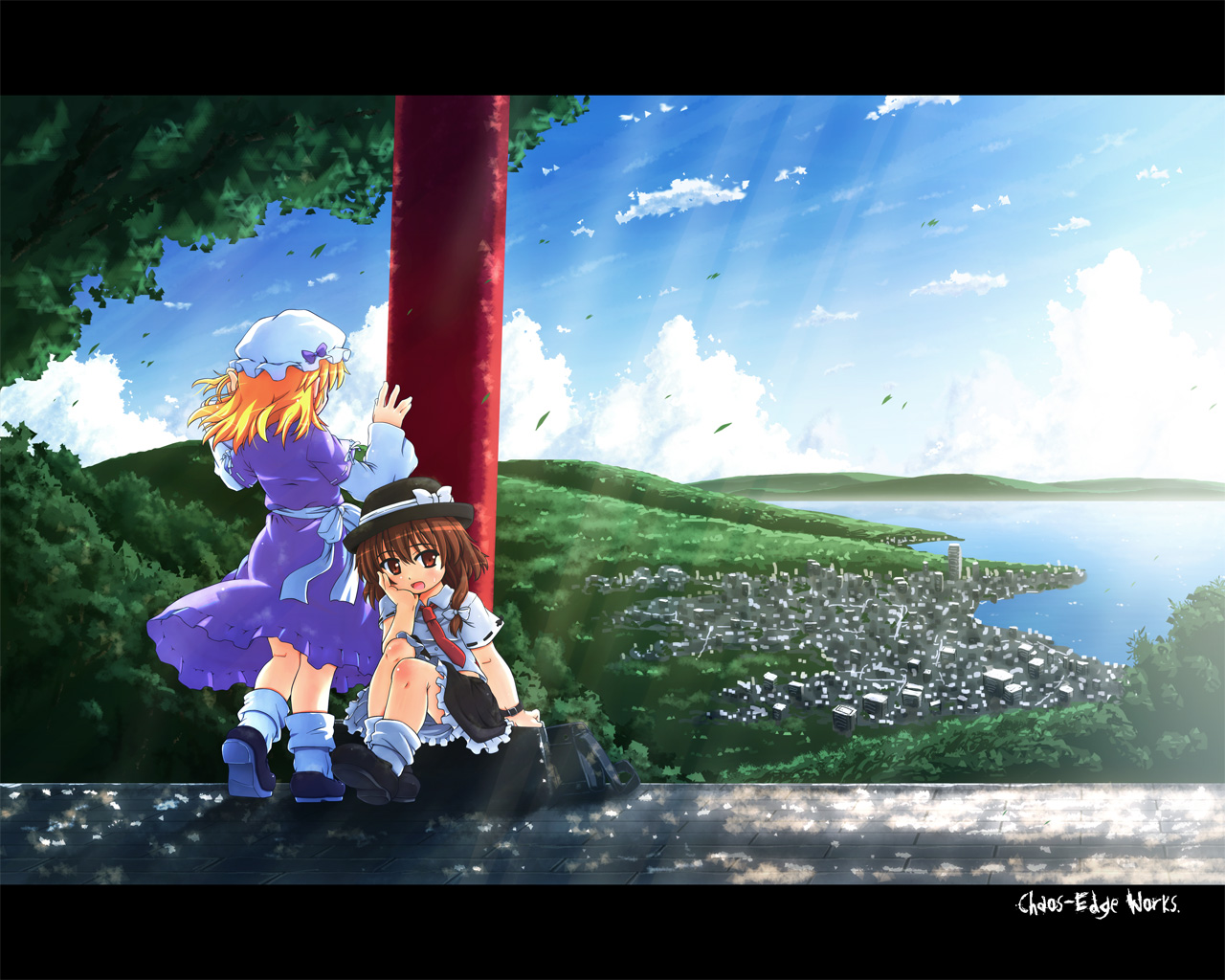 etogami kazuya, maribel hearn, usami renko, touhou, 2girls, blonde hair, blue sky, brown eyes, brown hair, city, cloud, day, female focus, hat, head rest, letterboxed, mountain, multiple girls, open mouth, scenery, short hair, sky