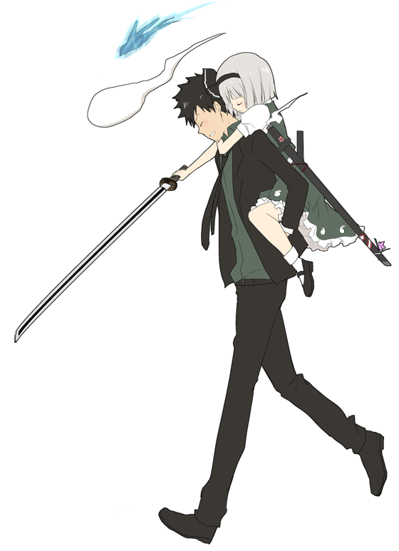 kurot, konpaku youmu, konpaku youmu (ghost), yamamoto takeshi, katekyo hitman reborn!, touhou, silver hair, bad id, bad pixiv id, 00s, 1boy, 1girl, bird, carrying, crossover, formal clothes, ghost, hairband, hitodama, katana, piggyback, short hair, sword, weapon