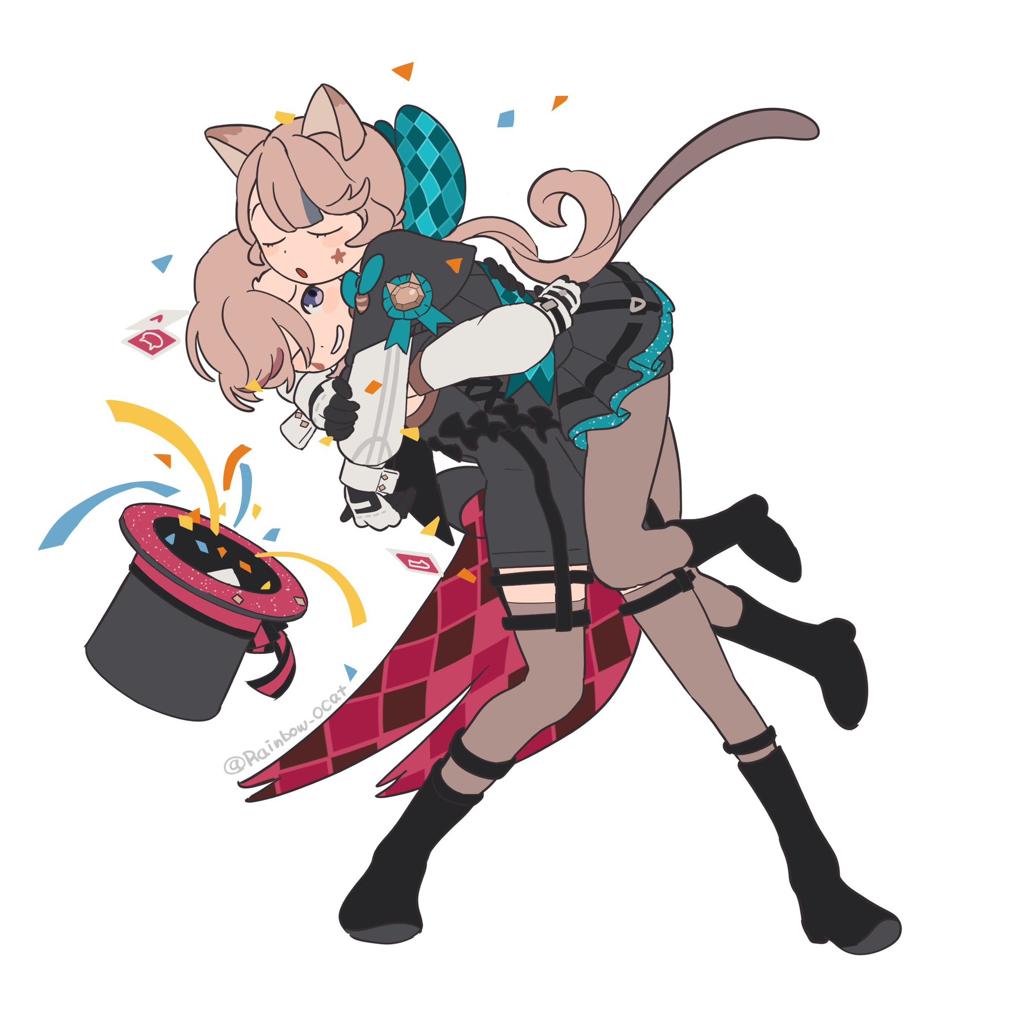 lynette (genshin impact), lyney (genshin impact), genshin impact, highres, 1boy, 1girl, :o, animal ears, argyle clothes, black boots, black pantyhose, boots, bow, brown hair, capelet, card, cat ears, cat tail, closed eyes, confetti, detached sleeves, facial mark, full body, glitter, grey capelet, grey shorts, hair bow, hat, hug, legwear garter, long hair, one eye closed, open mouth, pantyhose, playing card, ponytail, puffy sleeves, purple eyes, rainbow ocat, shirt, shorts, smile, star (symbol), star facial mark, tail, tailcoat, teardrop facial mark, top hat, twitter username, u u, unworn hat, unworn headwear, white shirt