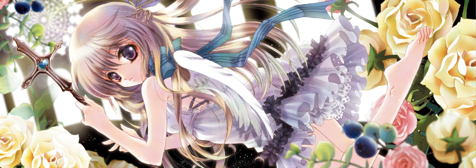 e~ji, original, 1girl, angel wings, backless dress, backless outfit, barefoot, cross, dress, feet, female focus, flower, grey hair, long hair, purple eyes, ribbon, rose, solo, wings