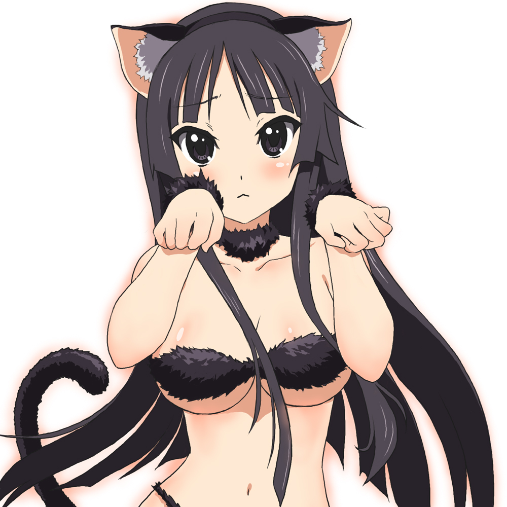 hama matsumoto matsuri, akiyama mio, k-on!, 00s, 1girl, :<, animal ears, black eyes, black hair, breasts, cat ears, cat girl, cat tail, cleavage, female focus, large breasts, long hair, looking at viewer, navel, paw pose, solo, tail