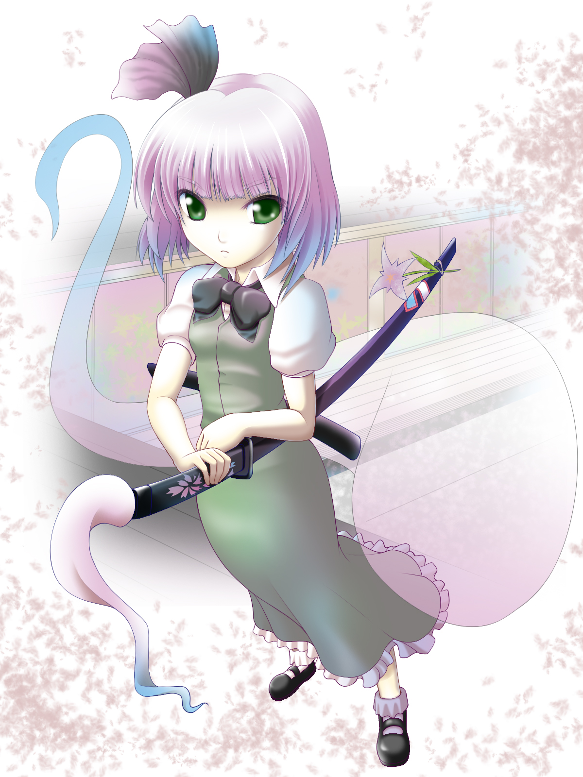 koibumi, konpaku youmu, konpaku youmu (ghost), touhou, silver hair, bad id, bad pixiv id, highres, 1girl, female focus, ghost, green eyes, hairband, hitodama, katana, sheath, sheathed, short hair, solo, sword, weapon