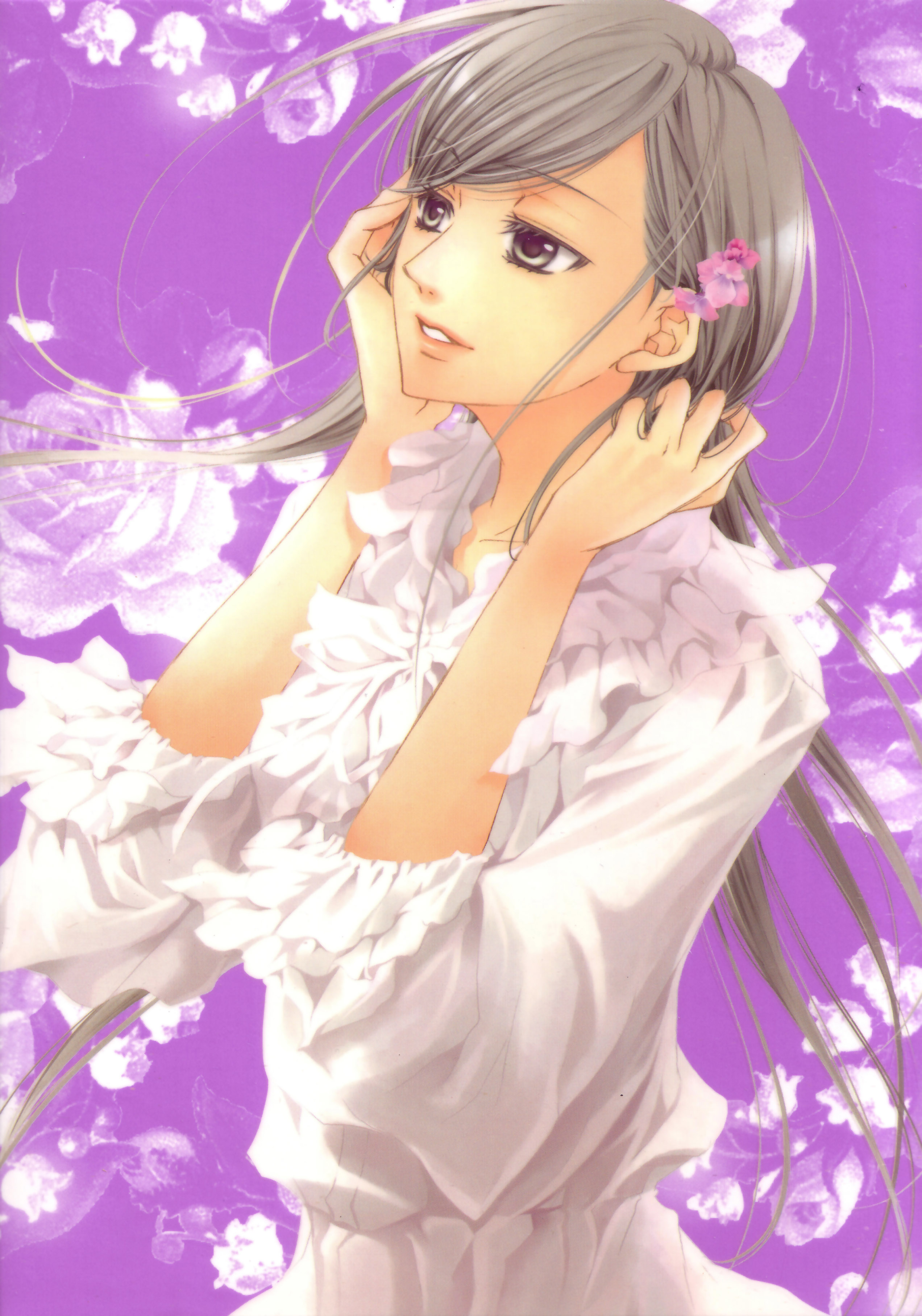 absurdres, artist request, highres, 1girl, blouse, female focus, flower, frills, gathers, grey hair, hair flower, hair ornament, long hair, purple background, shirt, solo