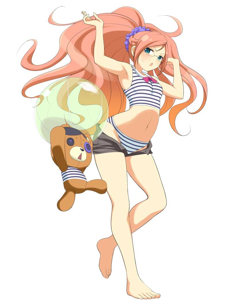 kumapooh (senran kagura), ranmaru (senran kagura), senran kagura, senran kagura new wave, 1girl, adjusting hair, armpits, ball, barefoot, beachball, bikini, bikini under clothes, blue eyes, blush, braid, breasts, button eyes, buttons, crown braid, diamond mouth, glasses, hair ornament, hair scrunchie, linea alba, long hair, navel, orange hair, ponytail, purple scrunchie, scrunchie, short shorts, shorts, simple background, small breasts, standing, striped bikini, striped clothes, stuffed animal, stuffed toy, swimsuit, tankini, teddy bear, undressing, v-shaped eyebrows, very long hair, white background, white bikini