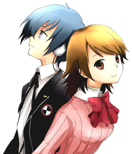 uilo, uiro, takeba yukari, yuuki makoto (persona 3), atlus, persona, persona 3, 1boy, 1girl, back-to-back, blazer, blue hair, brown eyes, brown hair, cardigan, choker, couple, headphones, hetero, jacket, ribbon, school uniform, short hair