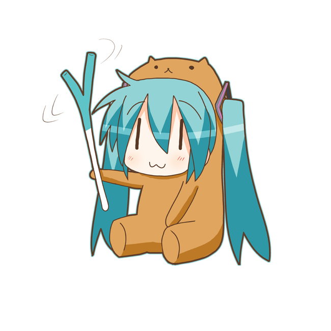minami (colorful palette), bear tsukasa, capybara-san, chibi miku, hatsune miku, lucky star, vocaloid, 1girl, :3, animal costume, bear costume, chibi, costume, female focus, full body, parody, simple background, sitting, solo, spring onion, twintails, white background, | |