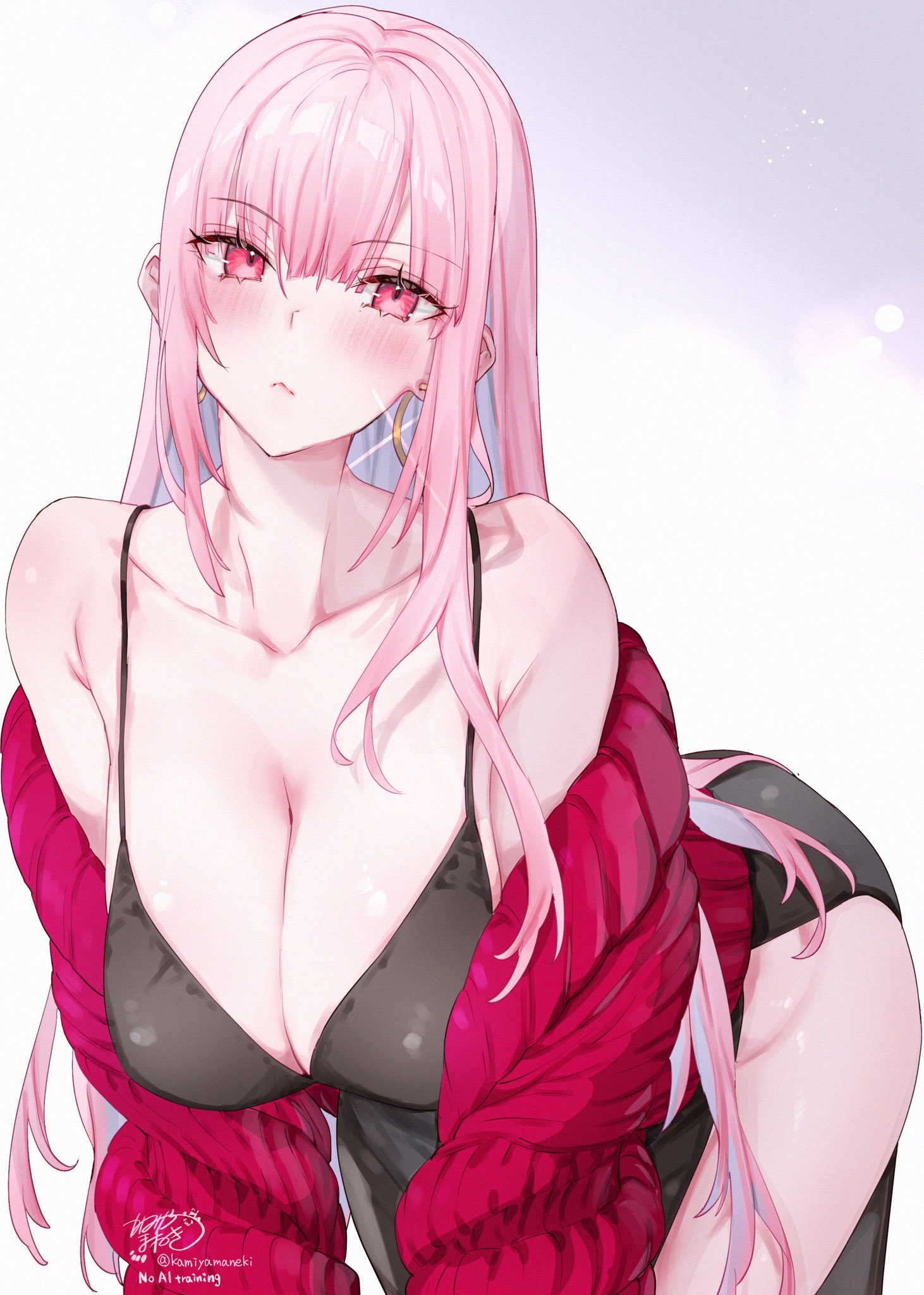 kamiya maneki, mori calliope, hololive, hololive english, commentary, highres, symbol-only commentary, 1girl, :<, asymmetrical sidelocks, black dress, blunt bangs, blush, breasts, cleavage, dress, earrings, hoop earrings, jacket, jewelry, large breasts, long hair, looking at viewer, pink eyes, pink hair, red jacket, side slit, sidelocks, simple background, sleeveless, sleeveless dress, solo, spaghetti strap, straight hair, virtual youtuber, white background