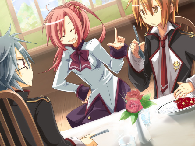 kyougoku, almia, 1girl, 2boys, blush, closed eyes, curry, flower, food, glasses, multiple boys, red hair