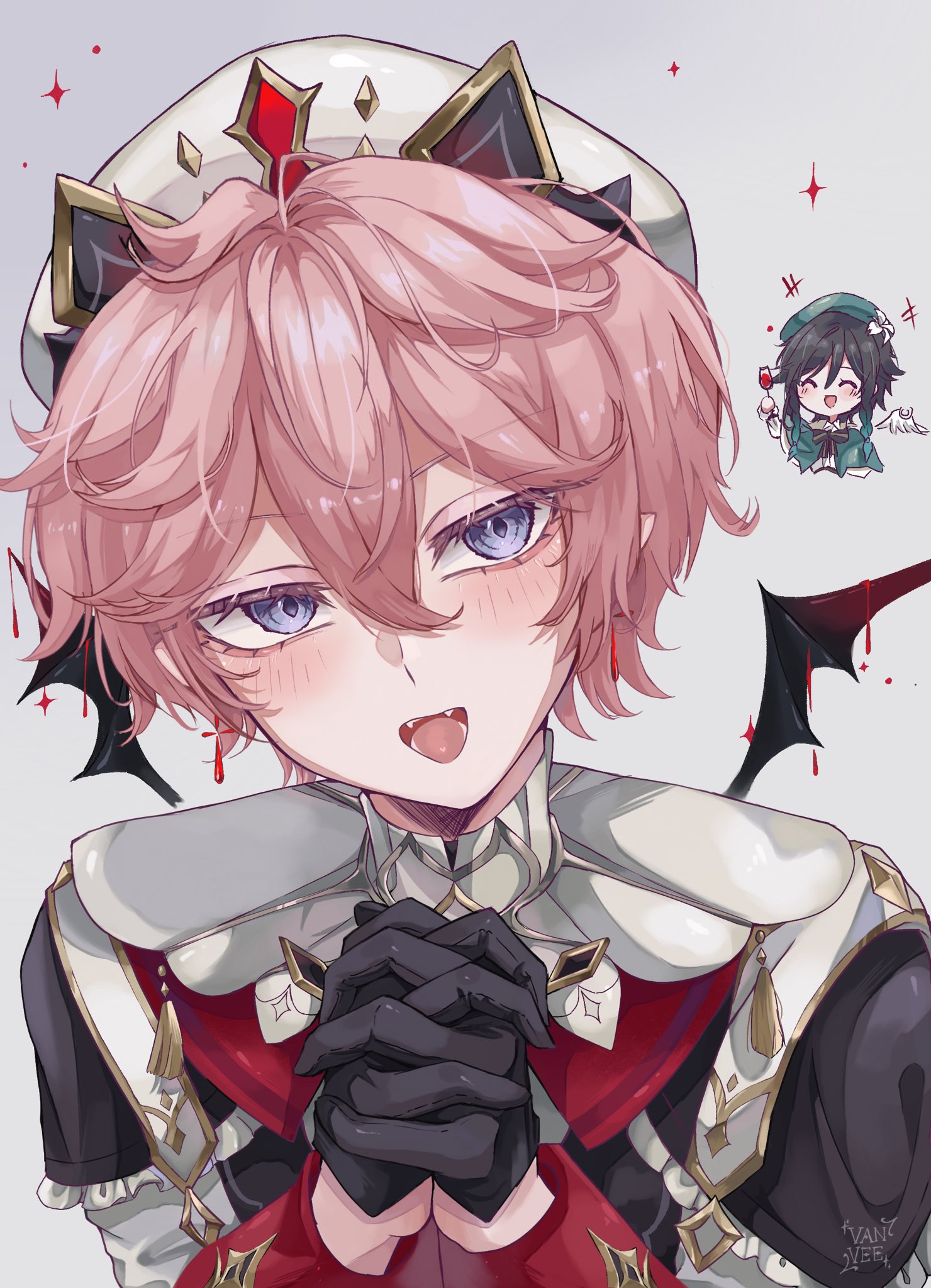 vanillashiii, dahlia (genshin impact), venti (genshin impact), genshin impact, commentary, highres, +++, 2boys, ^ ^, beret, black gloves, black hair, blue eyes, blush, braid, chibi, closed eyes, fangs, frilled sleeves, frills, gloves, gradient hair, green hair, green hat, grey background, hair between eyes, hat, looking at viewer, male focus, multicolored hair, multiple boys, open mouth, own hands clasped, own hands together, pink hair, short hair, tassel, twin braids, upper body, white hat, wings