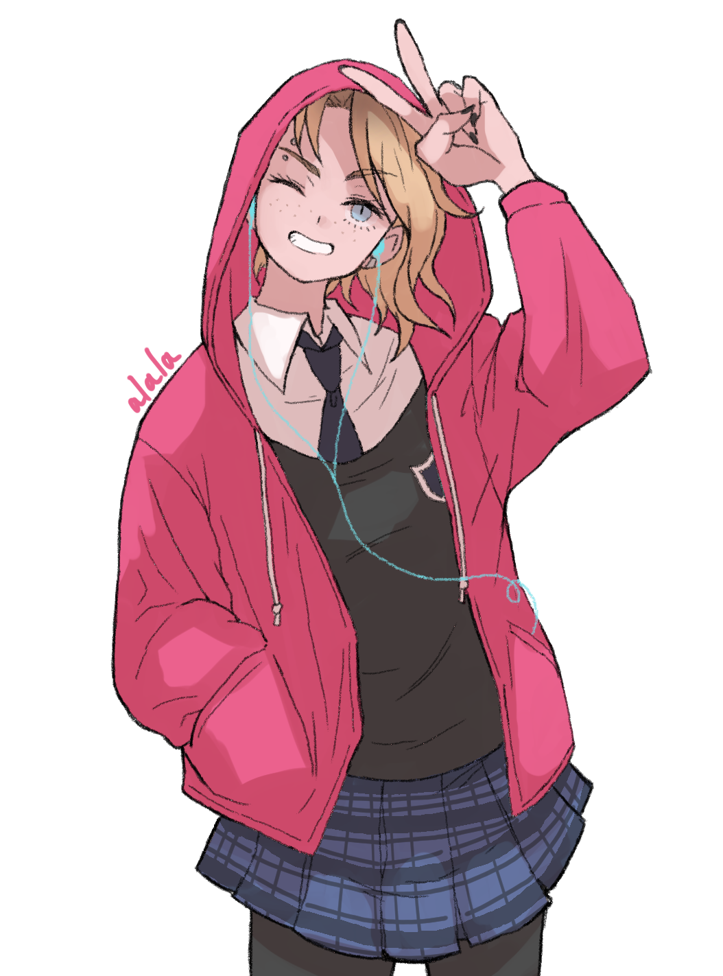 sushi pizza rrr, gwen stacy, marvel, spider-man: into the spider-verse, spider-man (series), spider-verse, commentary request, highres, 1girl, arm up, black nails, black pantyhose, black vest, blonde hair, blue eyes, blue necktie, blue skirt, collared shirt, cowboy shot, drawstring, earbuds, earphones, eyebrow piercing, eyelashes, face piercing, fingernails, freckles, hand in pocket, hood, hood up, hooded jacket, jacket, long sleeves, medium hair, nail polish, necktie, one eye closed, open clothes, open jacket, pantyhose, piercing, pink jacket, shirt, signature, simple background, skirt, smile, solo, teeth, v, vest, white background, white shirt