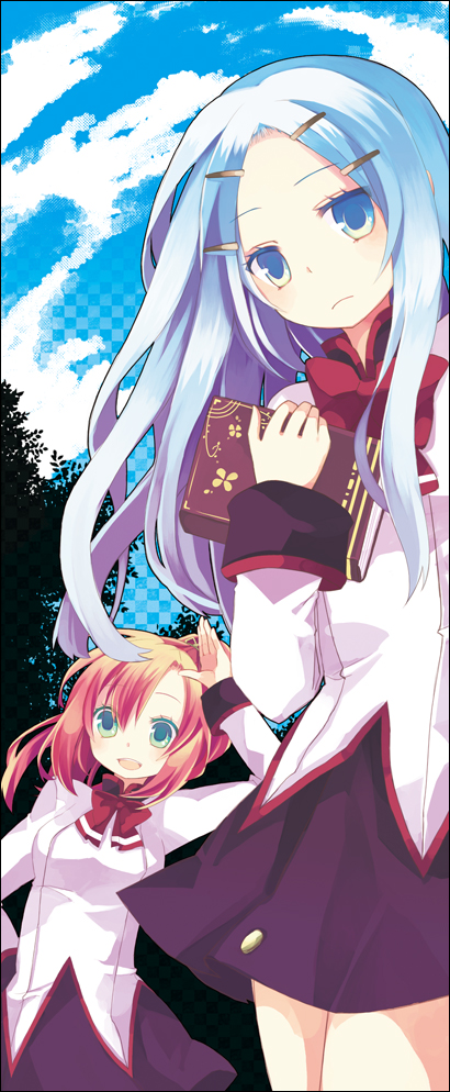 aruya (flosrota), almia, bad id, bad pixiv id, 2girls, blue eyes, blue hair, book, day, multiple girls, red hair, sky