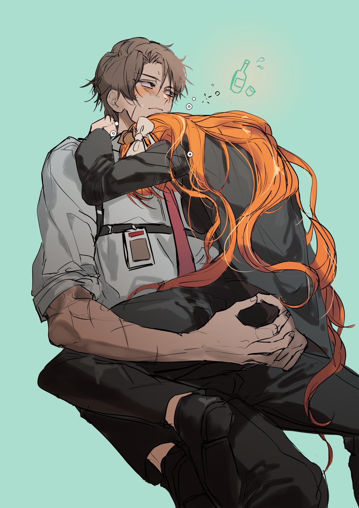 u3u sinclair, heathcliff (project moon), ishmael (project moon), limbus company, project moon, highres, 1boy, 1girl, black jacket, black pants, blush, bow, brown hair, brown hairband, chest harness, closed mouth, drunk, hair bow, hairband, harness, id card, jacket, long hair, long sleeves, necktie, orange hair, pants, purple eyes, red necktie, sitting, sitting on lap, sitting on person, very long hair, white bow, yokozuwari