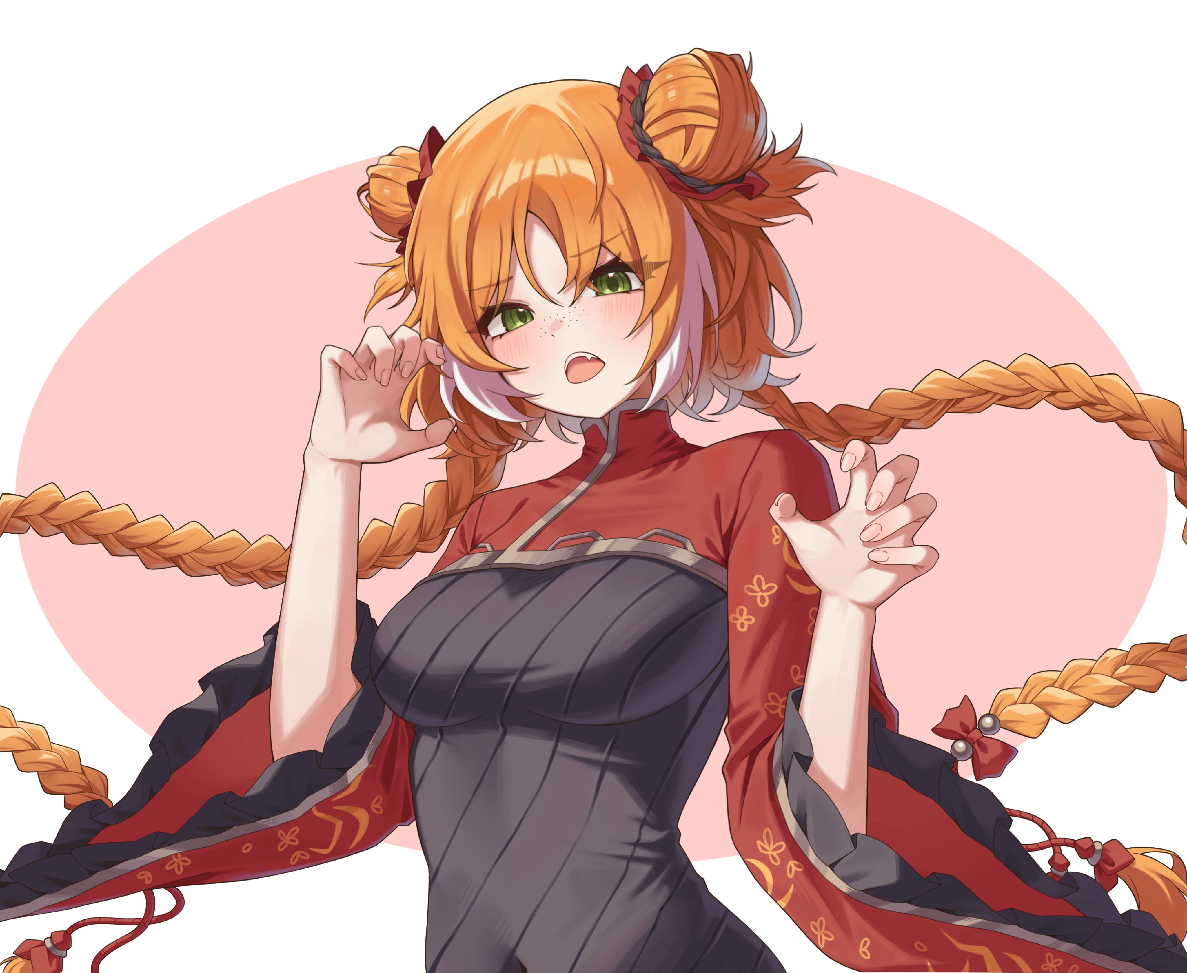 nhom (woogi), ishmael (project moon), limbus company, project moon, absurdres, highres, 1girl, black dress, braid, breasts, claw pose, double bun, dress, family hierarch candidate (identity) (project moon), floating hair, frilled sleeves, frills, gold trim, hair bun, hair ornament, hair scrunchie, impossible clothes, impossible dress, long hair, long sleeves, looking at viewer, low twin braids, medium breasts, multicolored hair, open mouth, orange hair, red scrunchie, red shrug, rope, scrunchie, shrug (clothing), solo, streaked hair, twin braids, very long hair, wide sleeves
