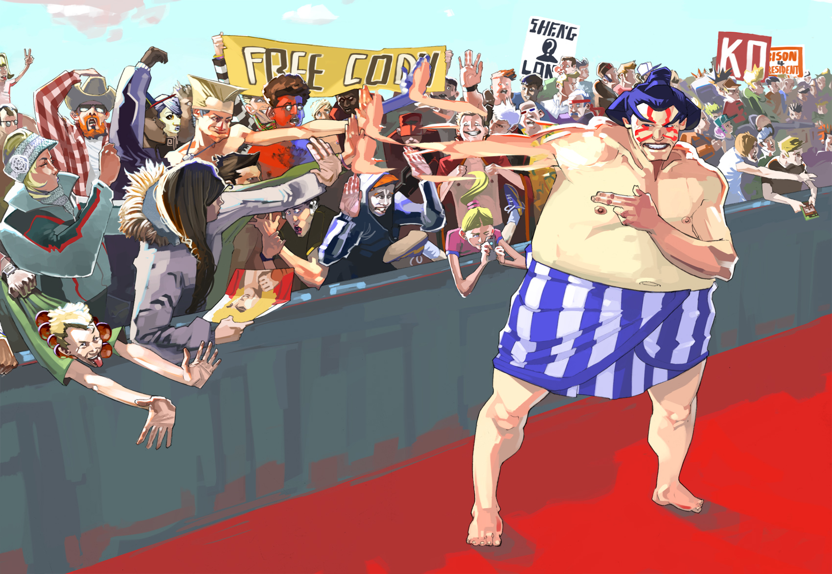 e. honda, gill (street fighter), guile, ken masters, 4chan, capcom, street fighter, street fighter iii (series), highres, non-web source, 6+boys, 6+girls, arm up, banner, barefoot, black hair, camera, coat, cosplay, cowboy hat, crowd, facepaint, fat, fat man, finger gun, hand up, hat, high five, jacket, male focus, multiple boys, multiple girls, mundane utility, red carpet, sumo, sunglasses, topless male