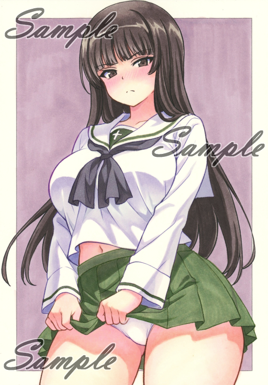miyakooo0420, nishizumi shiho, girls und panzer, traditional media, 1girl, alternate costume, blue neckerchief, blunt bangs, blush, border, breasts, brown hair, clothes lift, embarrassed, flashing, green skirt, large breasts, lifting own clothes, long hair, mature female, miniskirt, neckerchief, ooarai school uniform, panties, pleated skirt, sailor collar, sample watermark, school uniform, serafuku, shirt, skirt, skirt lift, solo, straight hair, thick thighs, thighs, underwear, watermark, white sailor collar, white shirt, winter uniform, wispy bangs, wrist cuffs