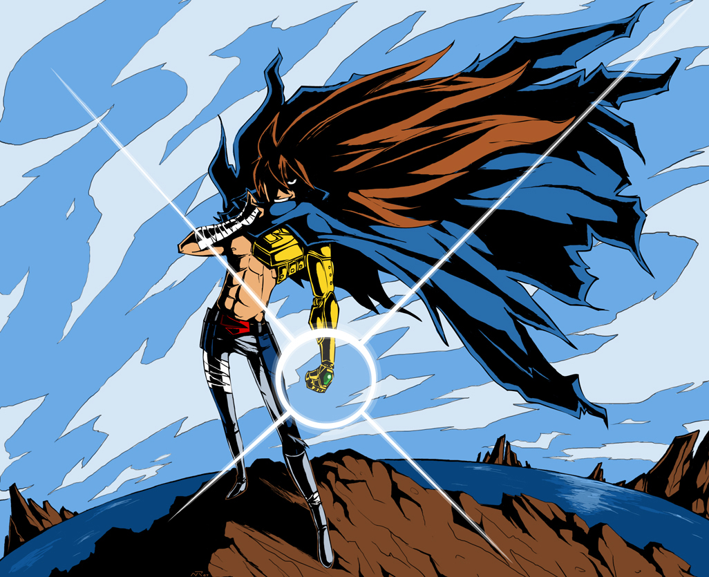 captainosaka, shishiou gai, tengen toppa gurren lagann, yuusha ou gaogaigar, yuusha series, bad deviantart id, bad id, 1boy, abs, bandages, brown hair, cape, day, eyecatch, fisheye, grin, high contrast, lens flare, long hair, male focus, outdoors, parody, sky, smile, solo, standing, style parody, topless male