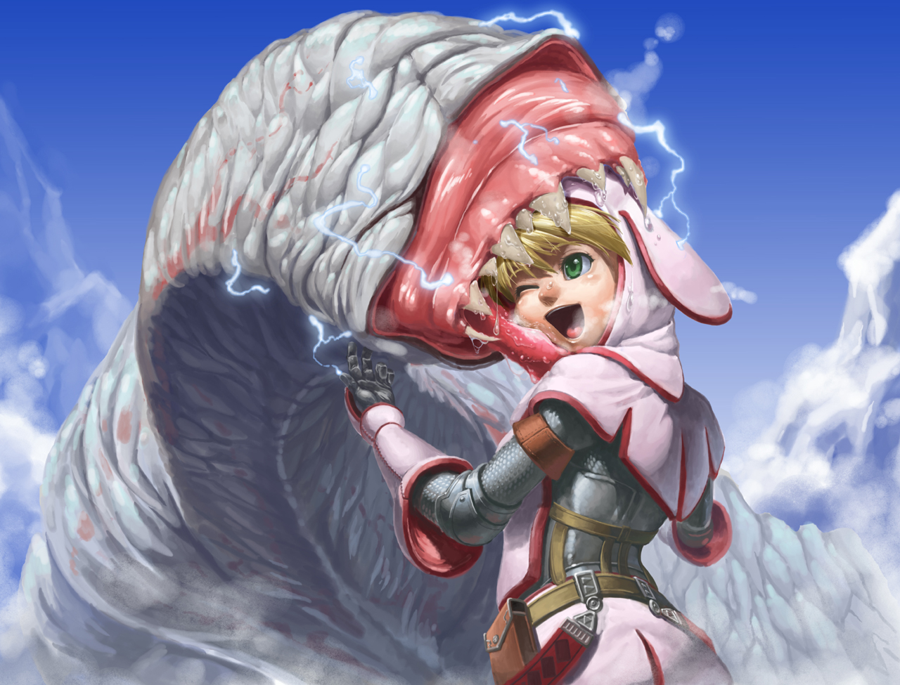 crow (torigoya), torigoya, khezu, capcom, monster hunter (series), 1girl, animal ears, animal hood, armor, belt, blonde hair, capelet, day, elbow pads, fake animal ears, female focus, full armor, gauntlets, green eyes, hood, khezu (armor), lightning, major injury underreaction, monster, playboy bunny, pteruges, rabbit ears, rabbit hood, sky, solo, teeth, vore, wince