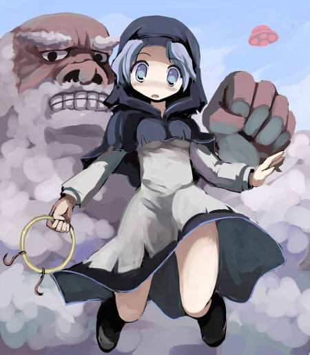 gatau, kumoi ichirin, unzan, touhou, 1boy, 1girl, blue eyes, blue hair, bracelet, cloud, hood, jewelry, ring, short hair, ufo