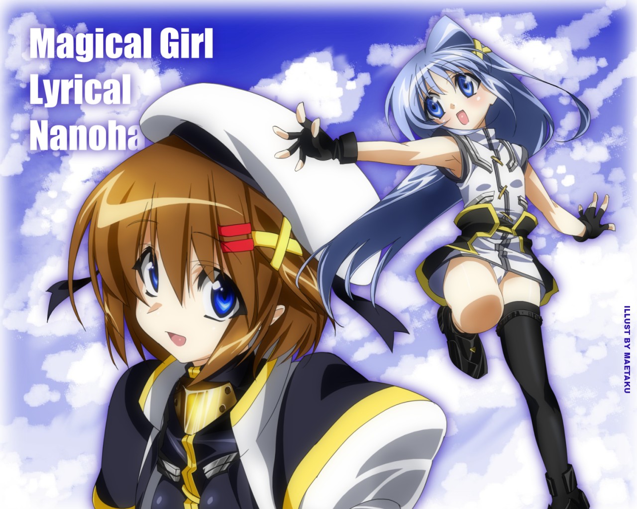 maetaku, reinforce zwei, yagami hayate, lyrical nanoha, mahou shoujo lyrical nanoha, bad id, bad pixiv id, 00s, 2girls, artist name, asymmetrical clothes, asymmetrical legwear, blue eyes, brown hair, copyright name, english text, fingerless gloves, gloves, hair ornament, hat, jacket, magical girl, mini person, minigirl, multiple girls, open clothes, open jacket, panties, pantyshot, single thighhigh, thighhighs, underwear, uneven legwear, x hair ornament