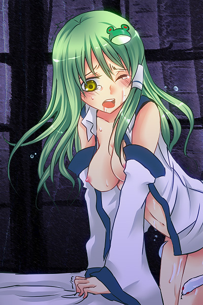fusuke, kochiya sanae, mishaguji, touhou, bad id, bad pixiv id, 2girls, blush, breasts, detached sleeves, female focus, frog, green hair, multiple girls, nipples, one eye closed, pussy juice, short hair, snake, wince, wink, yellow eyes