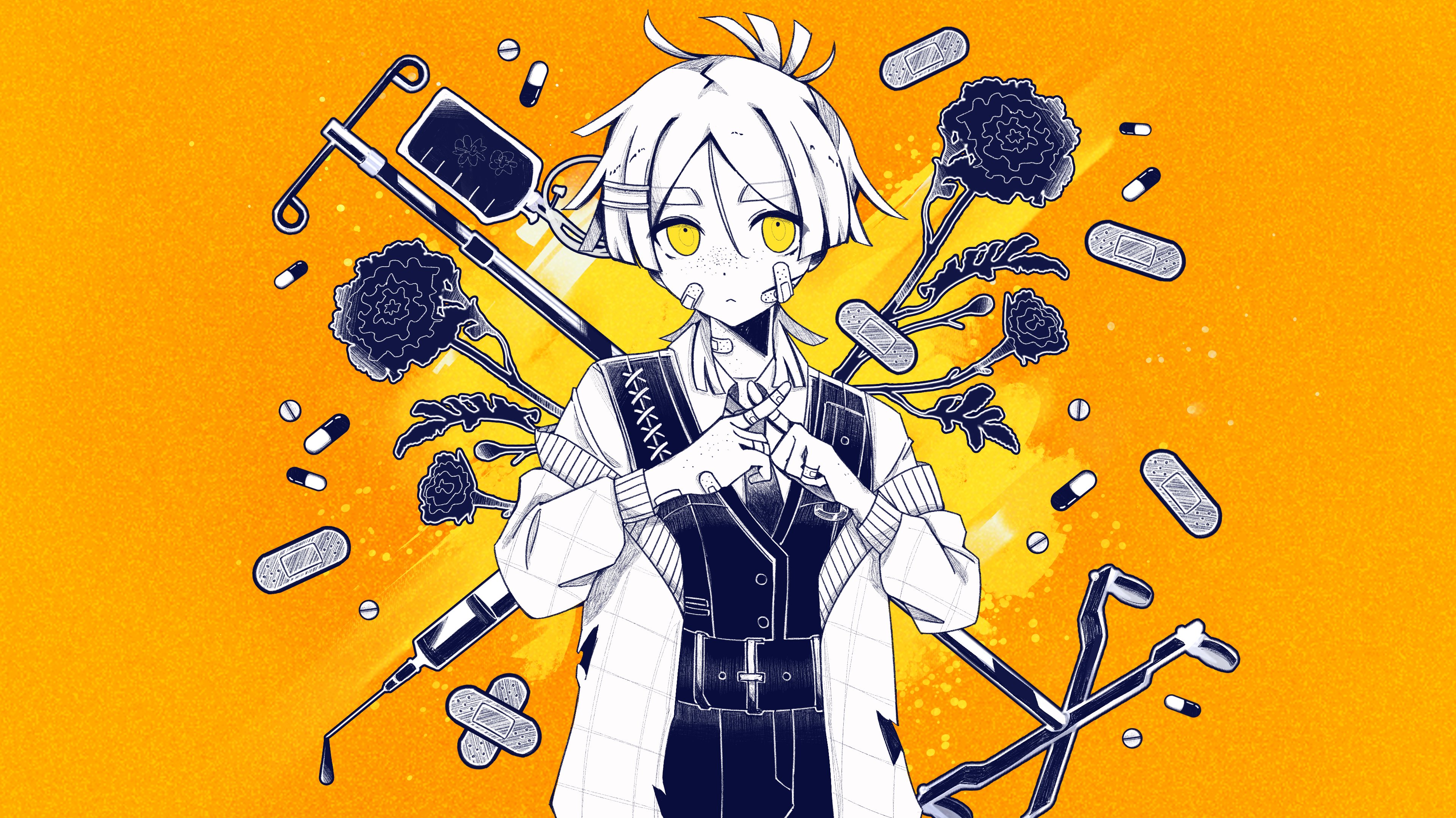 weinnoiserie, limbus company, original, project moon, venom (vocaloid), absurdres, highres, 1girl, bandaid, bandaid on face, belt, cardigan, carnation, collared shirt, crossed bandaids, crossed fingers, flower, greyscale with colored background, intravenous drip, iv stand, kishimen hair, lcb uniform (project moon), looking at viewer, off shoulder, orange background, pants, pill, shirt, short hair, solo, vest, wei (weinnoiserie)