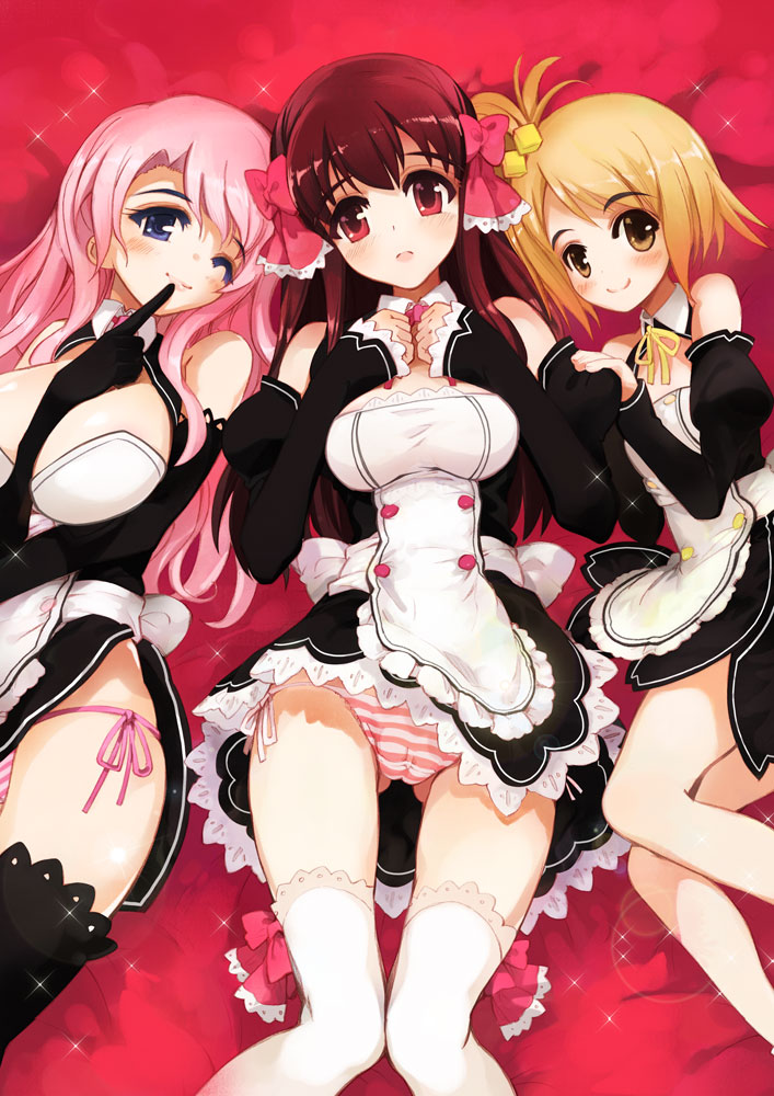 momiji mao, amane (dream c club), rui (dream c club), setsu (dream c club), dream c club, dream c club (series), bad id, bad pixiv id, 3girls, between breasts, bow, breasts, brown hair, cube hair ornament, finger to mouth, hair ornament, large breasts, lying, medium breasts, multiple girls, one eye closed, panties, pink hair, ribbon, side-tie panties, underwear, wink