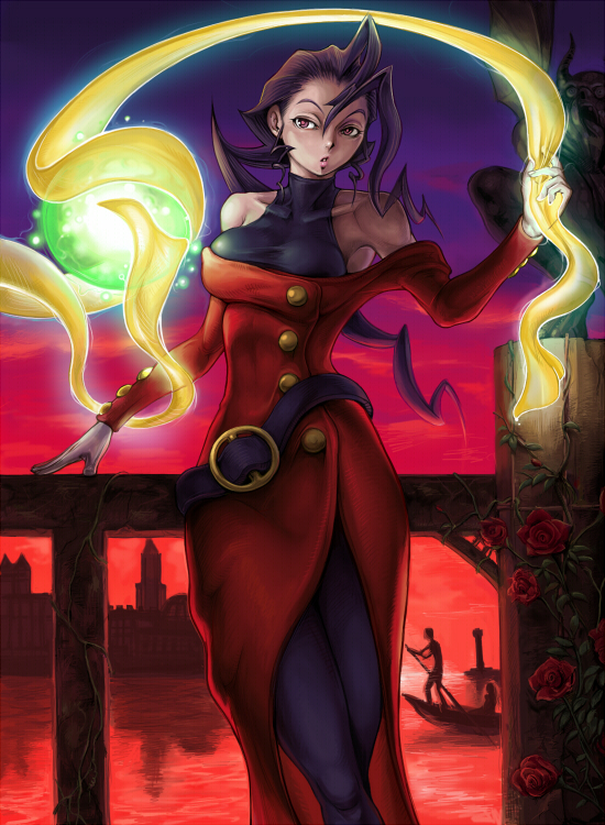 kari (artist), rose (street fighter), capcom, street fighter, street fighter zero (series), 1girl, bare shoulders, belt, belt skirt, breasts, clothing cutout, dress, female focus, hagoromo, hair slicked back, italy, long hair, pantyhose, purple hair, scarf, shawl, shoulder cutout, solo, venice