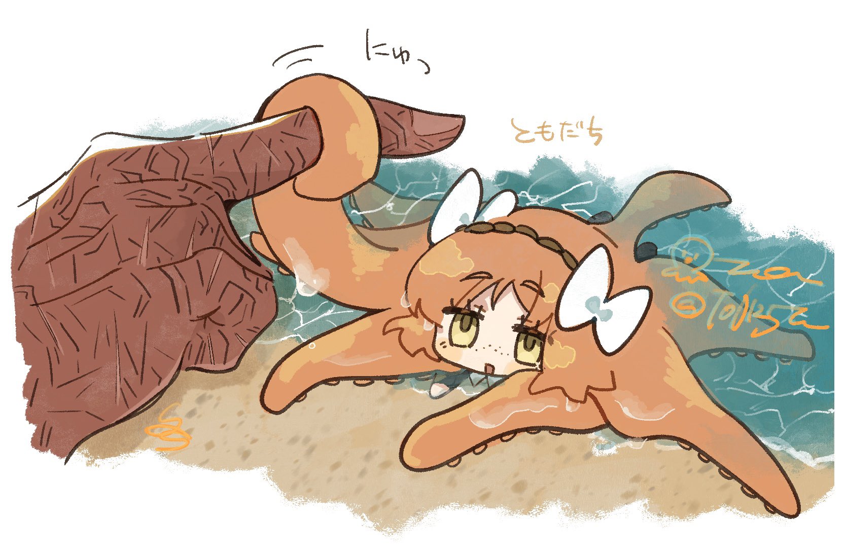 ishmael (project moon), queequeg (project moon), limbus company, project moon, commentary, highres, symbol-only commentary, translated, 2girls, animalization, beach, bow, dark-skinned female, dark skin, disembodied hand, freckles, green eyes, hair bow, long hair, multiple girls, ocean, octopus, open mouth, orange hair, scar, scar on hand, sidelocks, smile, tentacle hair, to0125u, very long hair, water, white bow