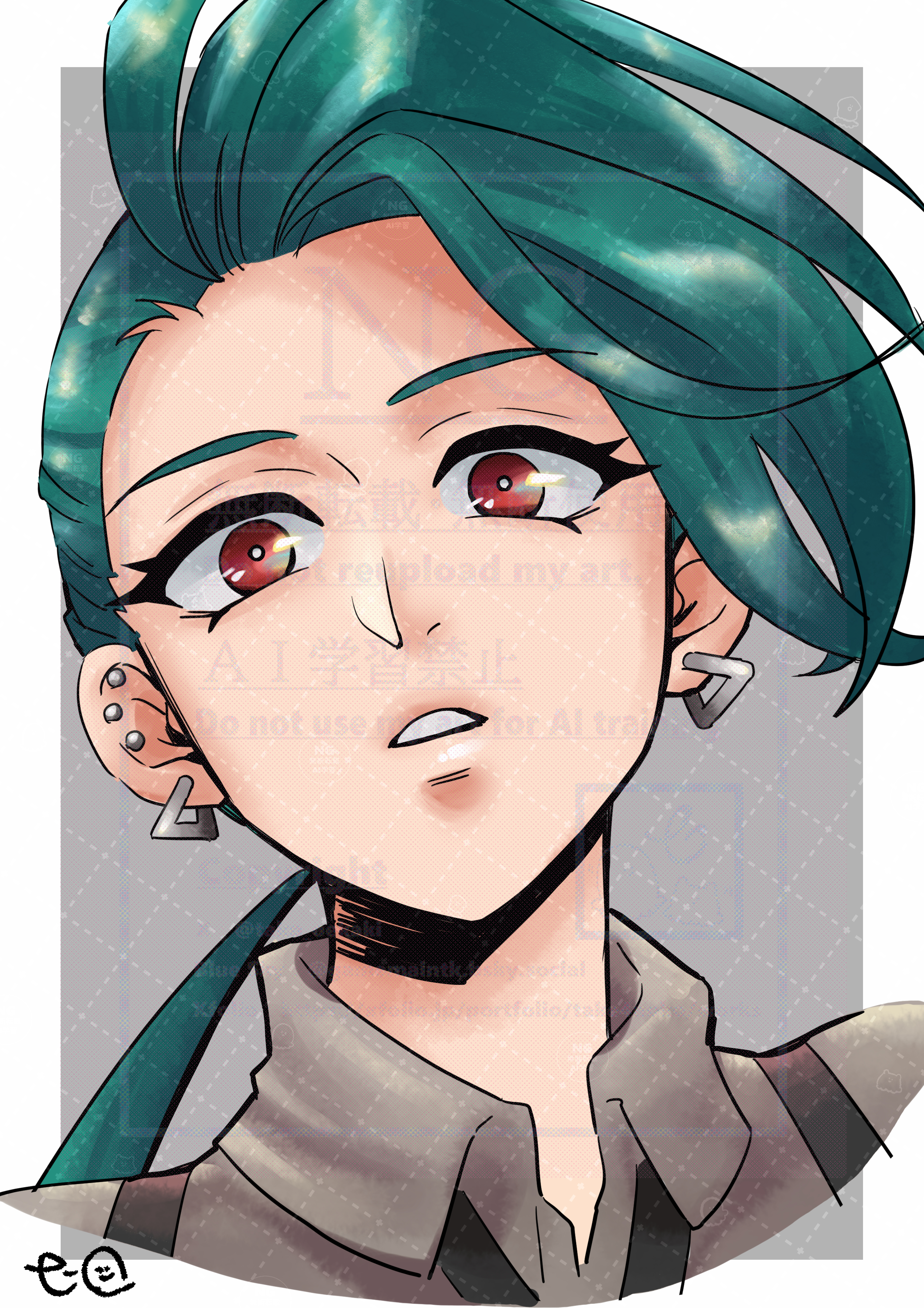 taketandf, rika (pokemon), nintendo, pokemon, pokemon sv, absurdres, highres, 1girl, ahoge, androgynous, asymmetrical bangs, black necktie, bright pupils, collared shirt, ear piercing, earrings, green hair, jewelry, long hair, necktie, piercing, ponytail, red eyes, reverse trap, shirt, solo, suspenders, triangle earrings, upper body, white pupils