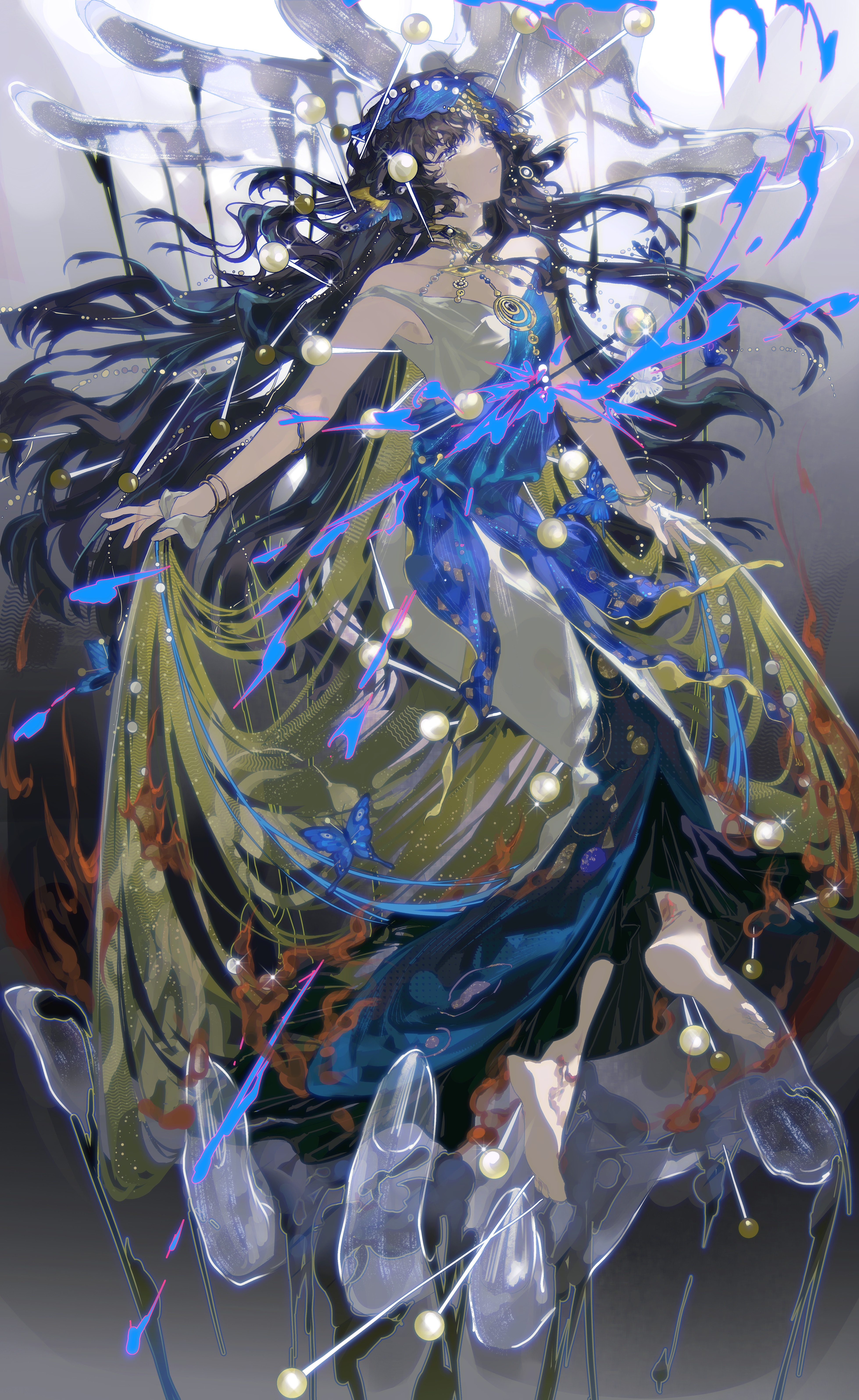 yi fen ta, isolde (reverse:1999), reverse:1999, absurdres, highres, 1girl, barefoot, black hair, blue dress, blue liquid, blue veil, crying, crying with eyes open, dress, evening gown, full body, gradient background, grey background, insect pin, long dress, long hair, looking up, official alternate costume, parted lips, purple eyes, sleeveless, sleeveless dress, solo, streaming tears, tears, two-tone dress, veil, very long hair, white dress