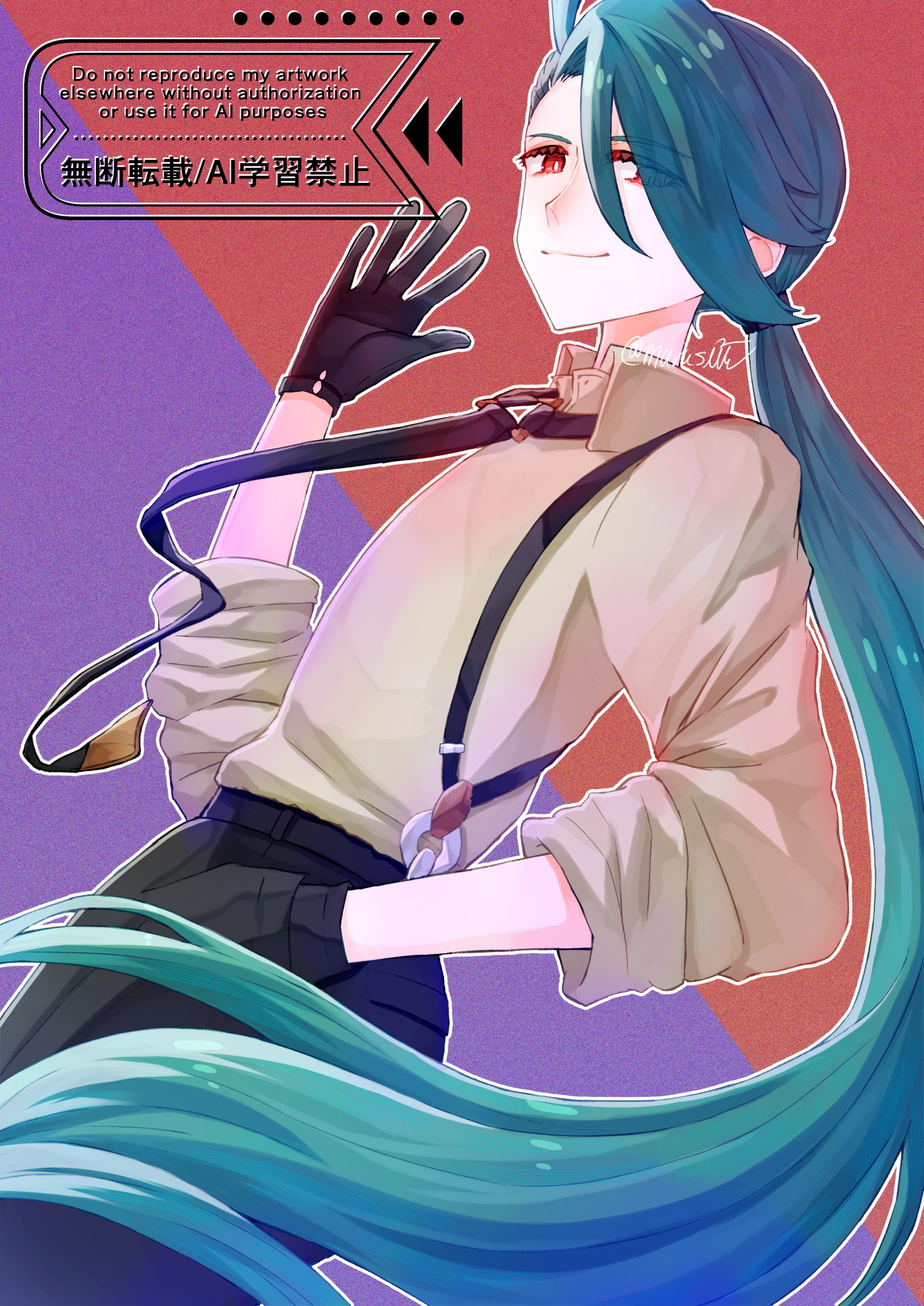 marushi (marusiiiil), rika (pokemon), nintendo, pokemon, pokemon sv, highres, 1girl, ahoge, androgynous, ass, asymmetrical bangs, black gloves, black necktie, black pants, bright pupils, collared shirt, ear piercing, earrings, gloves, green hair, hand in pocket, hand up, jewelry, long hair, necktie, pants, piercing, ponytail, red eyes, reverse trap, shirt, sleeves rolled up, smile, solo, suspenders, triangle earrings, white pupils