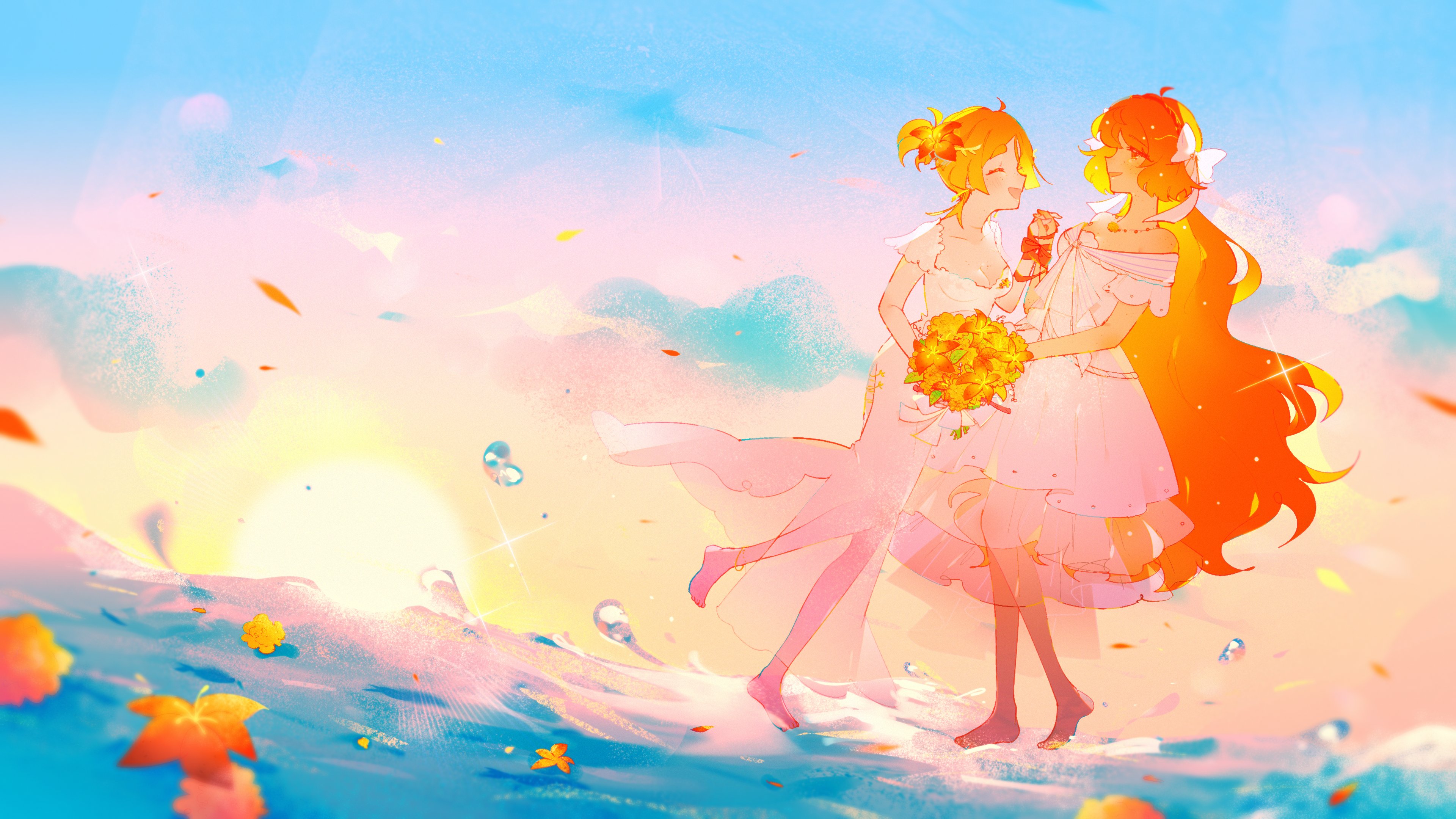 pomuringo, ishmael (project moon), limbus company, project moon, absurdres, commentary, english commentary, highres, second-party source, 2girls, barefoot, bouquet, dress, flower, full body, holding, holding bouquet, jewelry, long hair, multiple girls, necklace, oc x canon, ocean, off-shoulder dress, off shoulder, orange hair, ponytail, short sleeves, sky, tiger lily, very long hair, water, wedding, wedding dress, wei (weinnoiserie), white dress, wife and wife, yuri