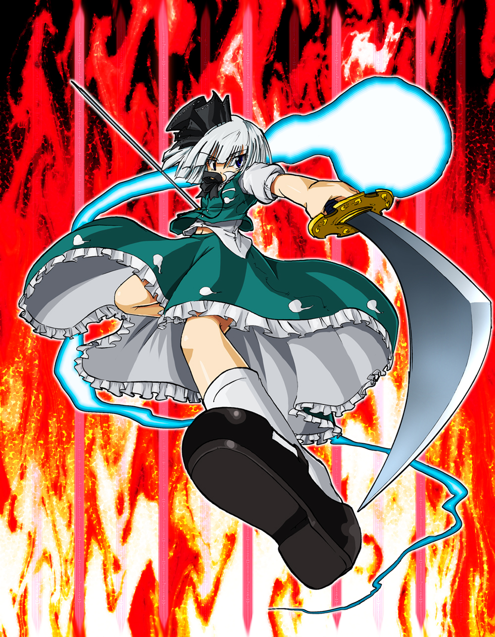 jespersen, konpaku youmu, konpaku youmu (ghost), touhou, silver hair, bad id, bad pixiv id, highres, 1girl, blue eyes, dual wielding, female focus, ghost, hairband, hitodama, holding, katana, mary janes, shoes, short hair, solo, sword, weapon