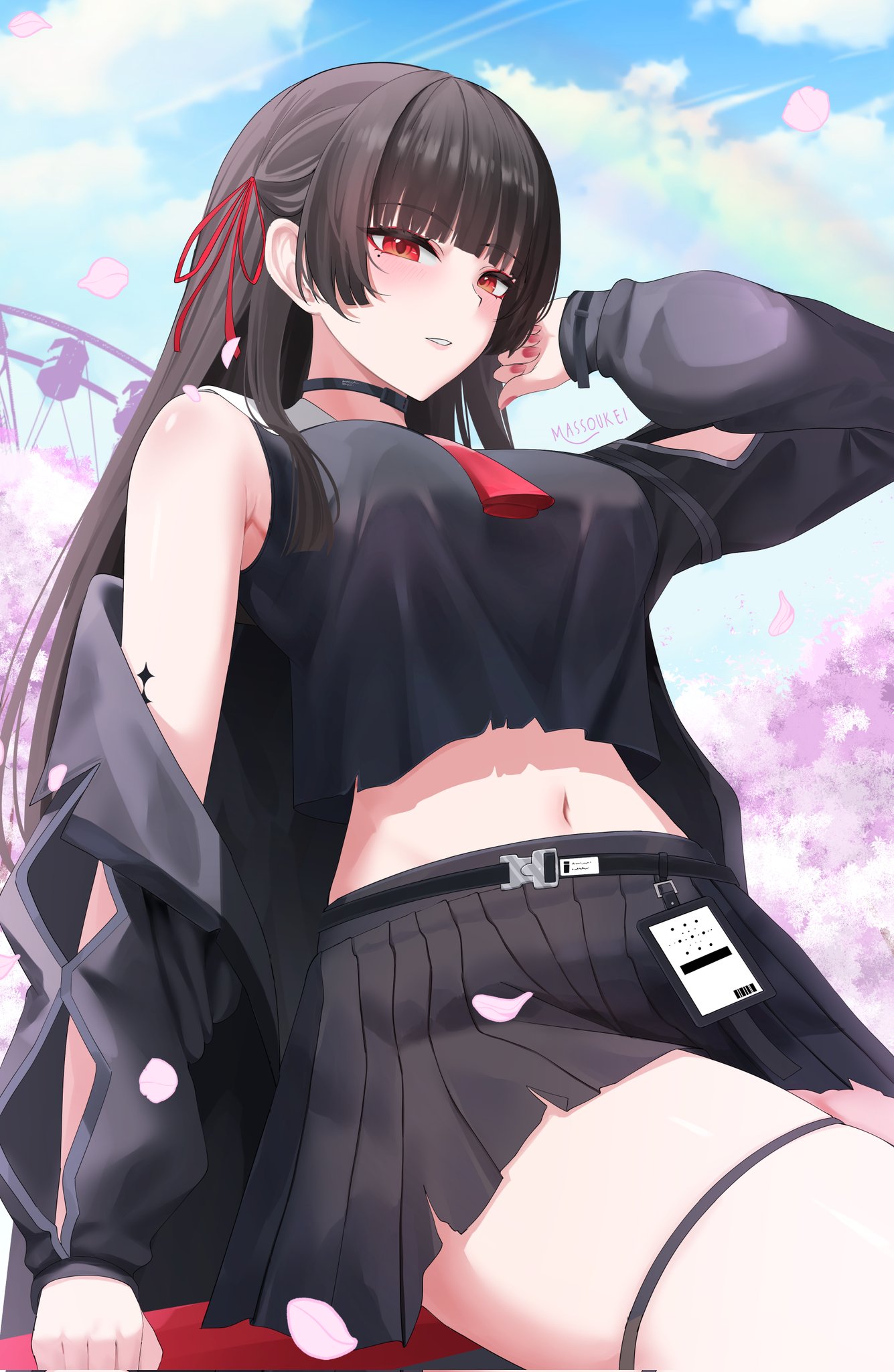 massoukei, chisa (wuthering waves), wuthering waves, commentary, highres, revision, symbol-only commentary, 1girl, arm cutout, artist name, bare shoulders, black choker, black jacket, black serafuku, black shirt, black skirt, blue sky, blunt bangs, breasts, choker, chromatic aberration, clothes down, clothing cutout, day, fingernails, from below, hair ribbon, jacket, large breasts, long sleeves, looking at viewer, midriff, mole, mole under eye, nail polish, navel, neckerchief, outdoors, parted lips, red eyes, red nails, red neckerchief, red ribbon, ribbon, school uniform, serafuku, shirt, skirt, sky, solo, thigh strap, thighs